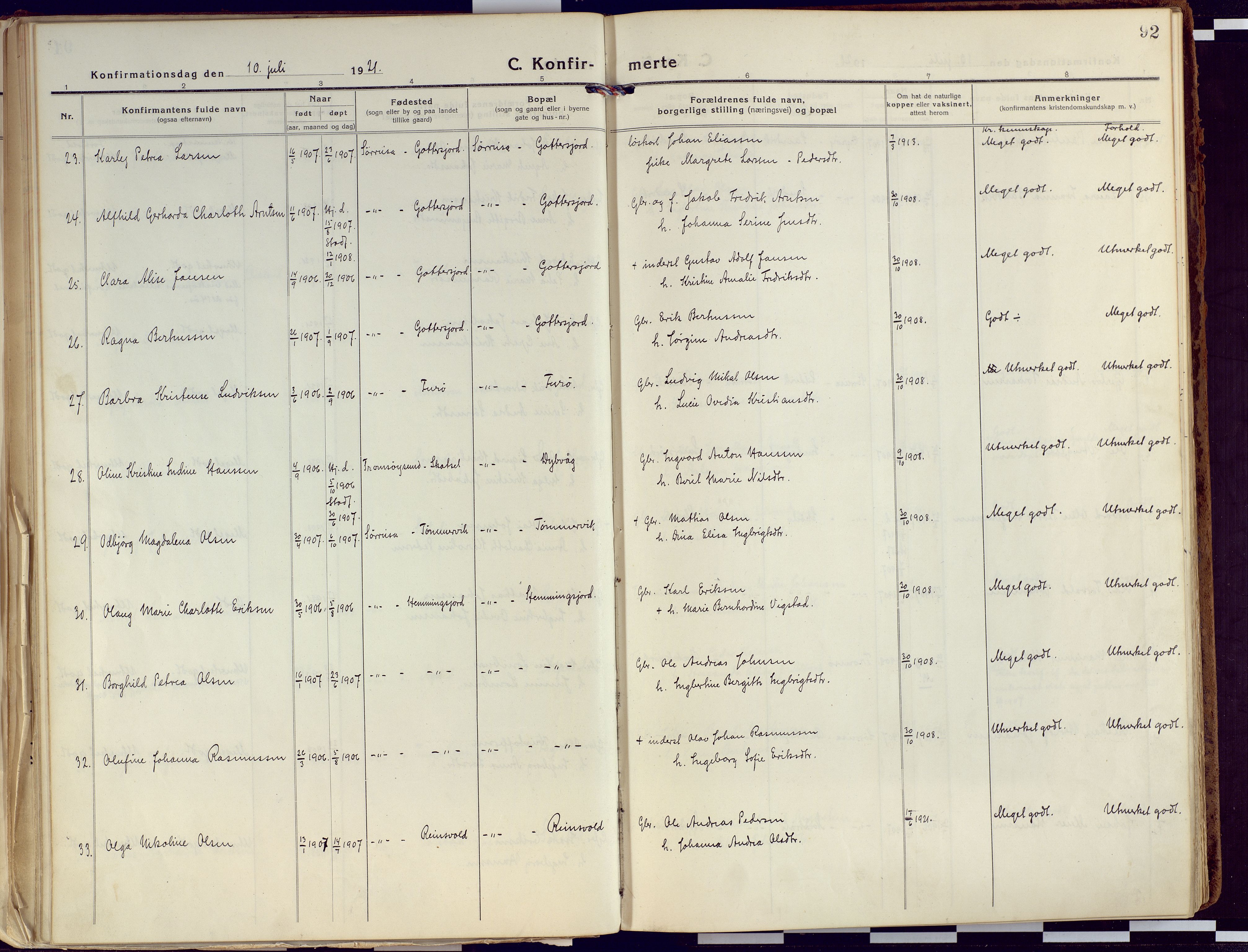 Tranøy sokneprestkontor, AV/SATØ-S-1313/I/Ia/Iaa/L0015kirke: Parish register (official) no. 15, 1919-1928, p. 92