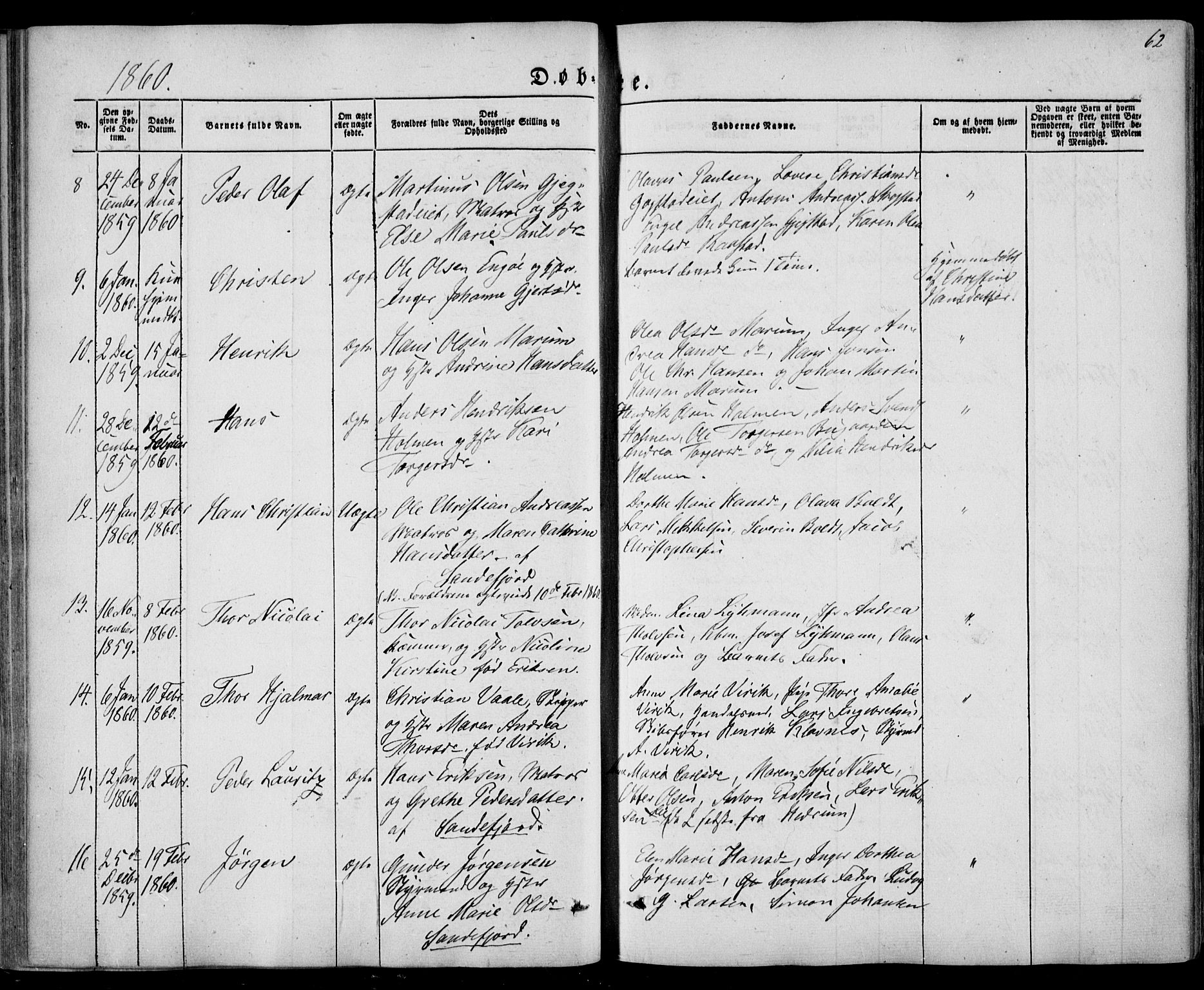 Sandar kirkebøker, AV/SAKO-A-243/F/Fa/L0007: Parish register (official) no. 7, 1855-1861, p. 62