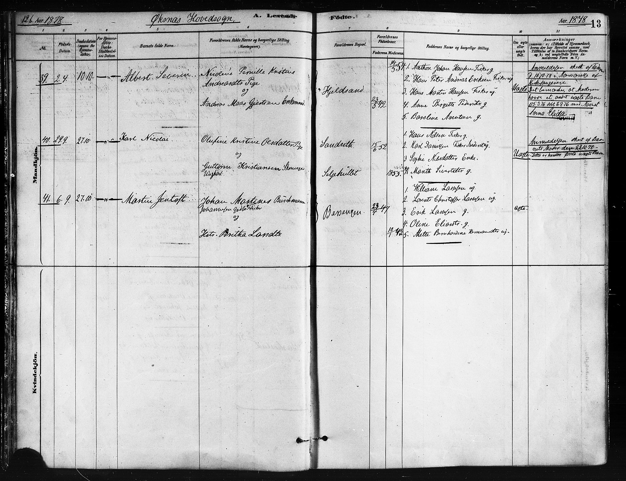 Ministerialprotokoller, klokkerbøker og fødselsregistre - Nordland, AV/SAT-A-1459/893/L1335: Parish register (official) no. 893A08 /1, 1878-1884, p. 13