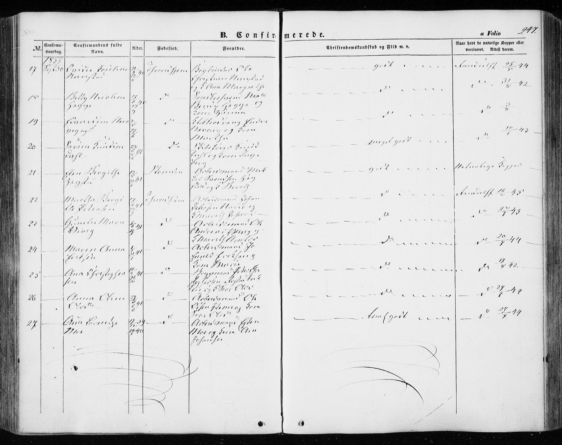 Ministerialprotokoller, klokkerbøker og fødselsregistre - Sør-Trøndelag, SAT/A-1456/601/L0051: Parish register (official) no. 601A19, 1848-1857, p. 247
