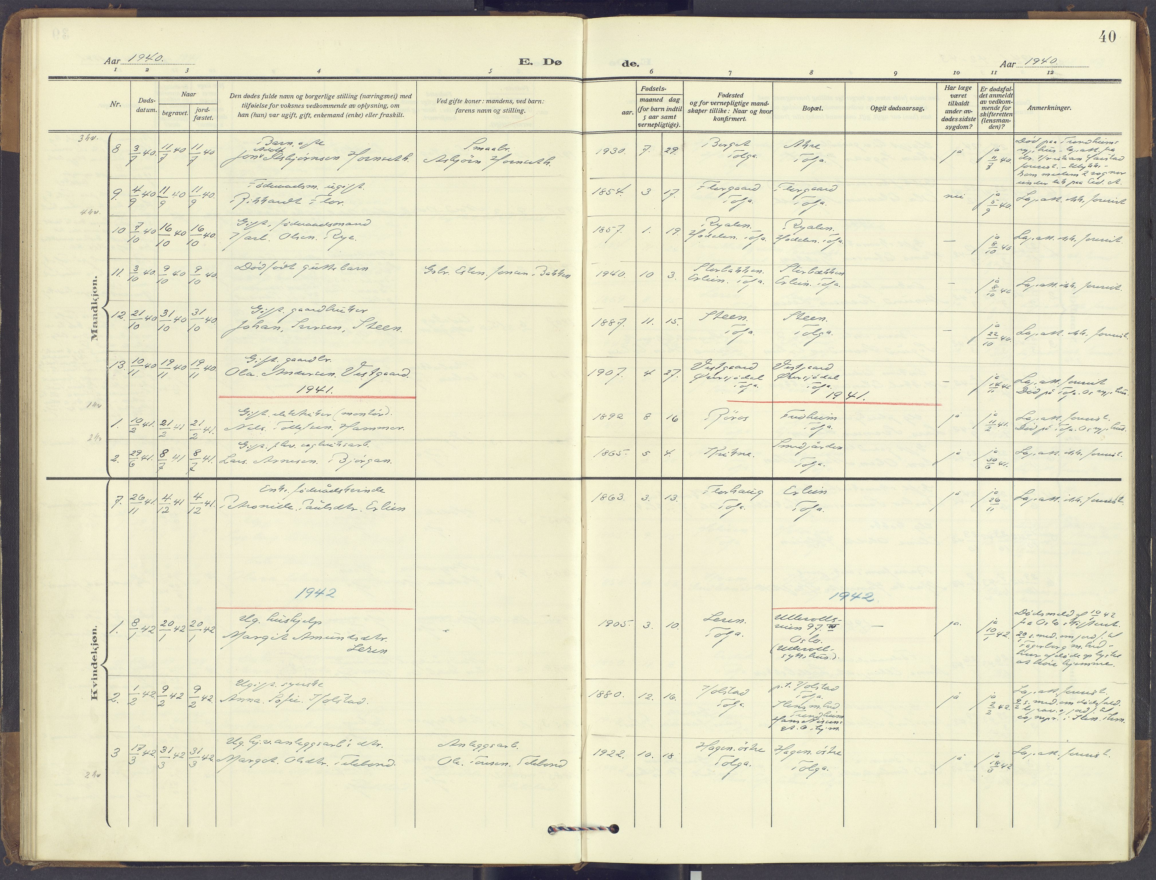 Tolga prestekontor, SAH/PREST-062/K/L0018: Parish register (official) no. 18, 1911-1989, p. 40