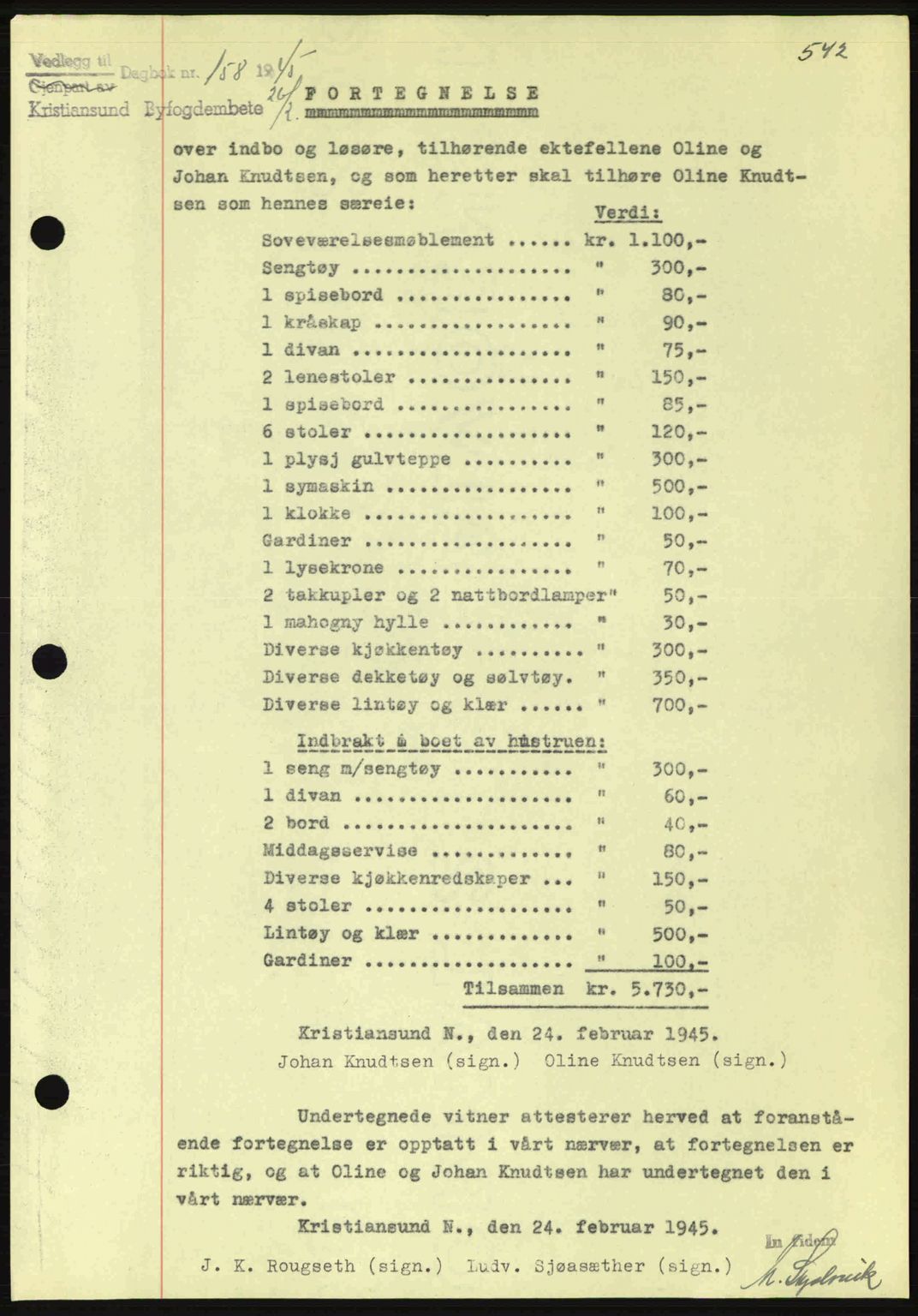 Kristiansund byfogd, SAT/A-4587/A/27: Mortgage book no. 37-38, 1943-1945, Diary no: : 158/1945