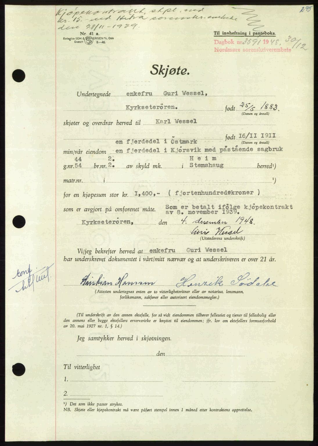 Nordmøre sorenskriveri, AV/SAT-A-4132/1/2/2Ca: Mortgage book no. A110, 1948-1949, Diary no: : 3591/1948