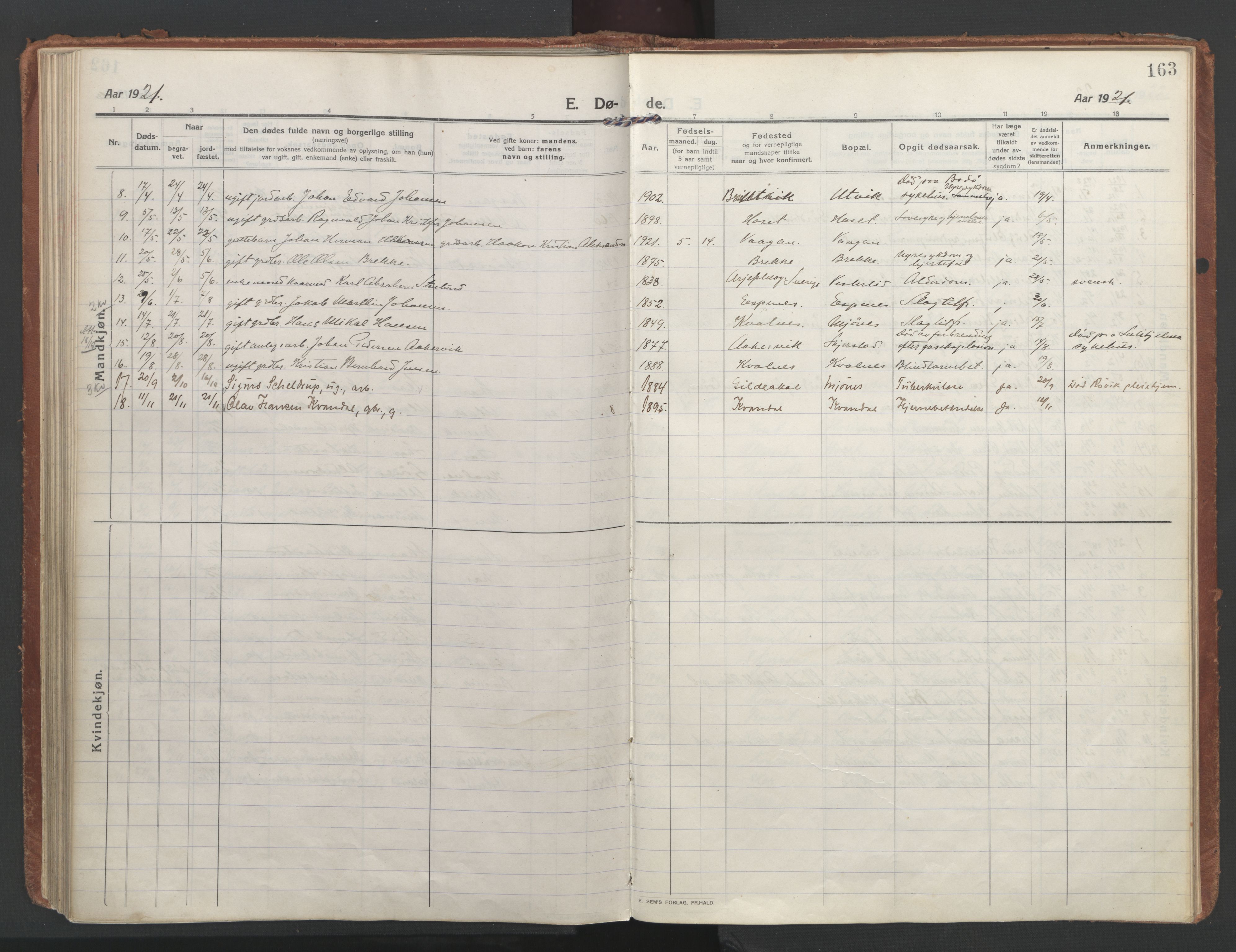 Ministerialprotokoller, klokkerbøker og fødselsregistre - Nordland, AV/SAT-A-1459/852/L0748: Parish register (official) no. 852A18, 1913-1932, p. 163