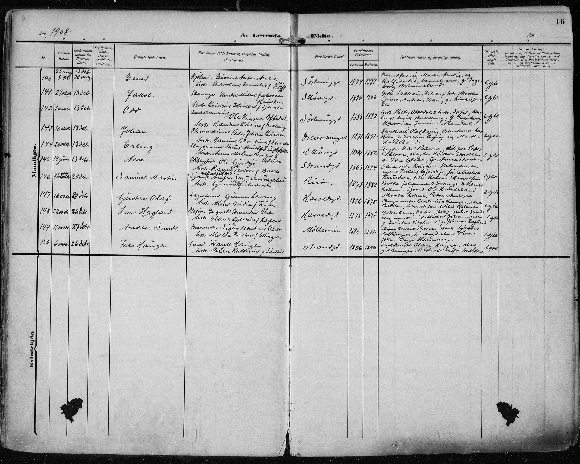 Haugesund sokneprestkontor, AV/SAST-A -101863/H/Ha/Haa/L0008: Parish register (official) no. A 8, 1908-1921, p. 16