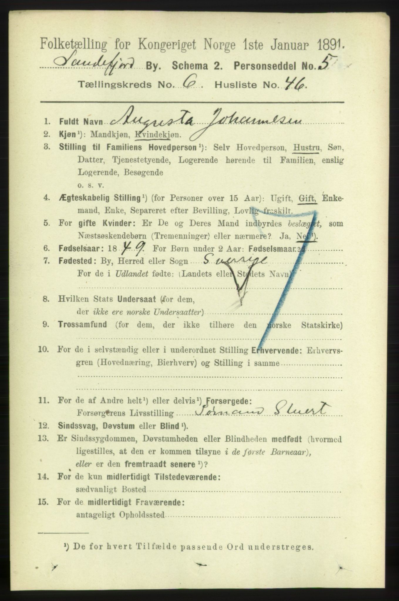 RA, 1891 census for 0706 Sandefjord, 1891, p. 2876