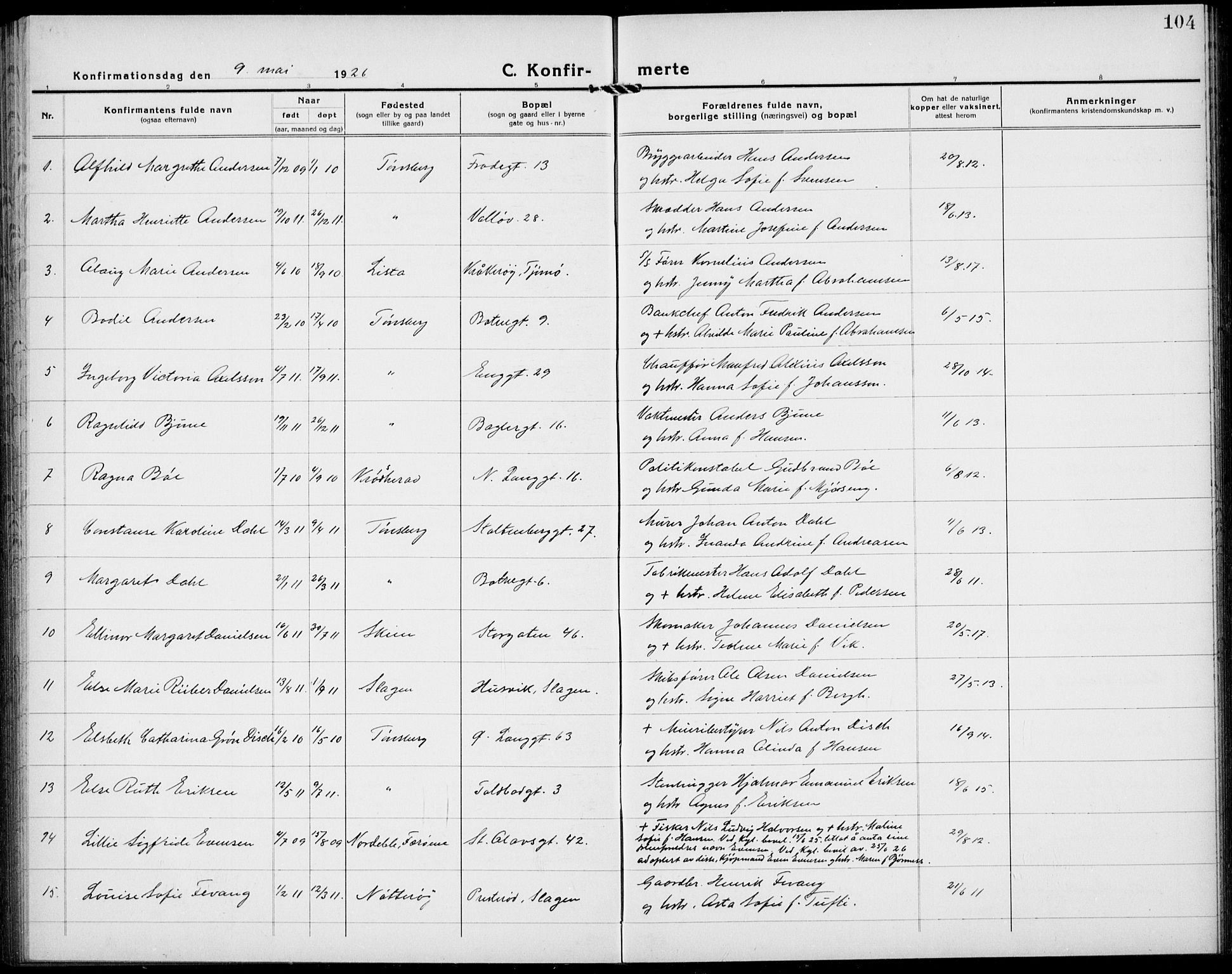 Tønsberg kirkebøker, AV/SAKO-A-330/G/Ga/L0013: Parish register (copy) no. 13, 1920-1929, p. 104