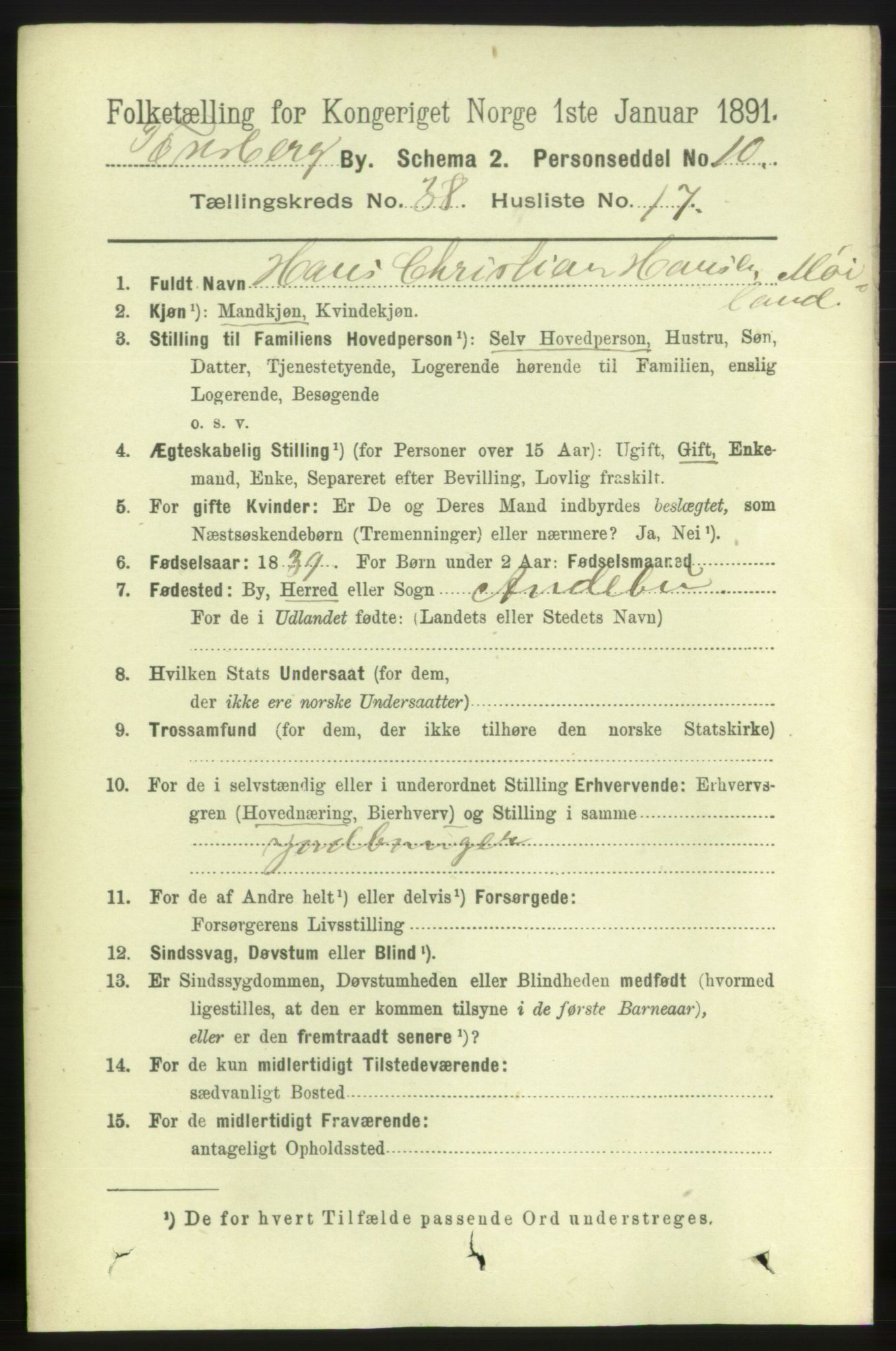 RA, 1891 census for 0705 Tønsberg, 1891, p. 8267