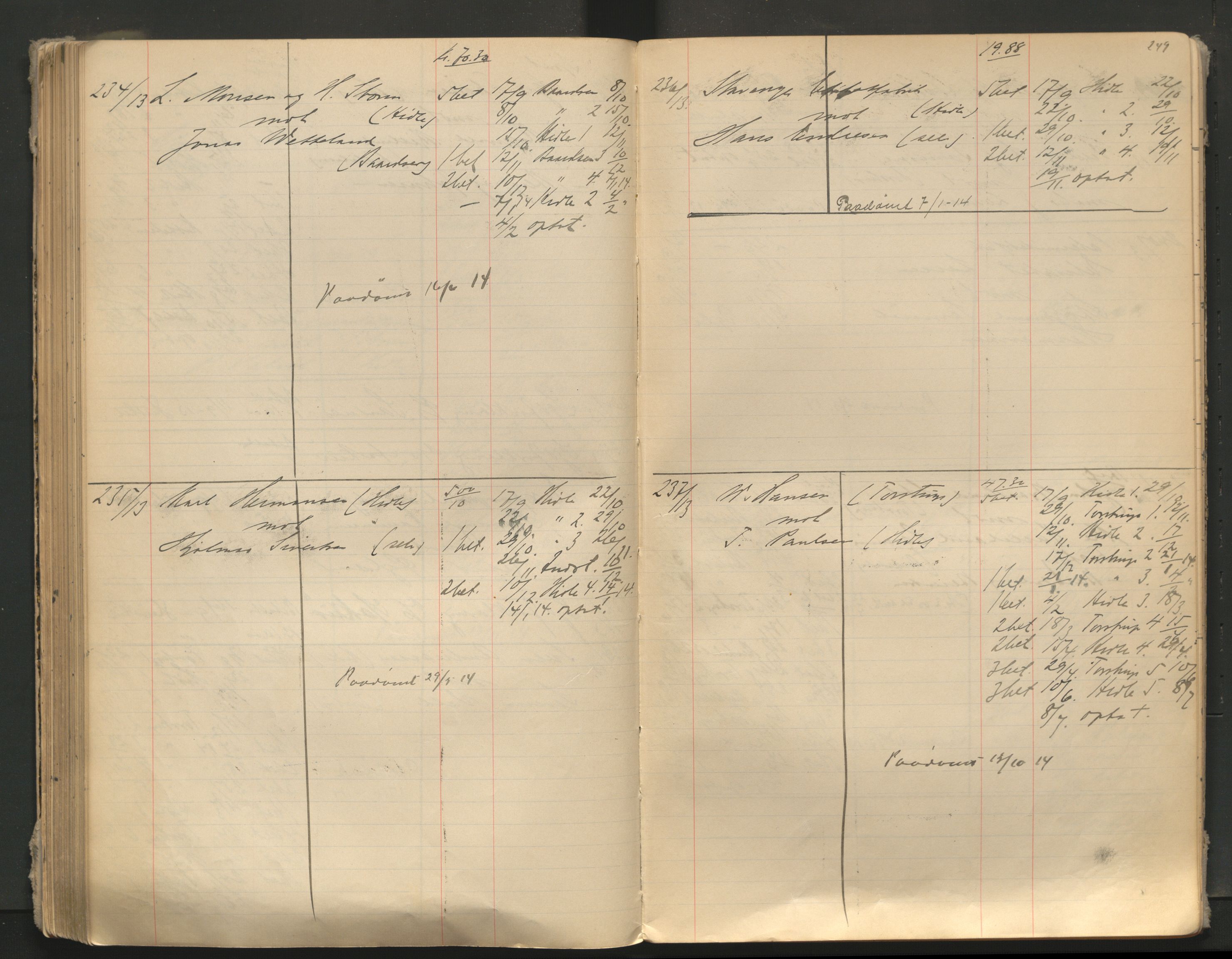 Stavanger byfogd, AV/SAST-A-101408/001/3/32/32A/L0005: Saksliste for Stavanger byting, 1910-1914, p. 248-249