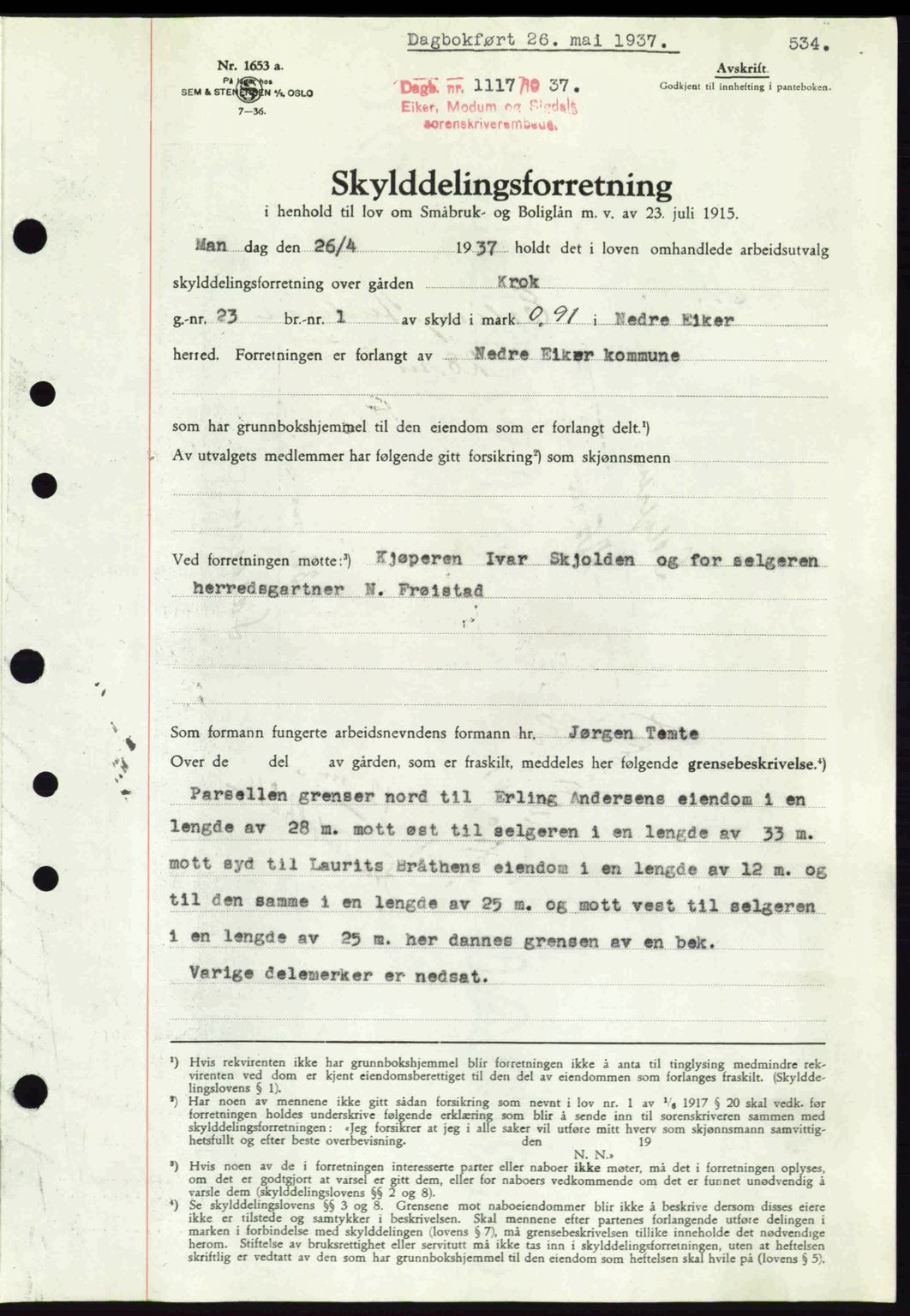 Eiker, Modum og Sigdal sorenskriveri, SAKO/A-123/G/Ga/Gab/L0035: Mortgage book no. A5, 1937-1937, Diary no: : 1117/1937
