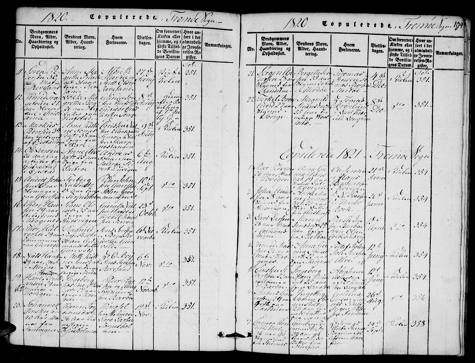 Austre Moland sokneprestkontor, SAK/1111-0001/F/Fa/Faa/L0004: Parish register (official) no. A 4, 1816-1824, p. 194
