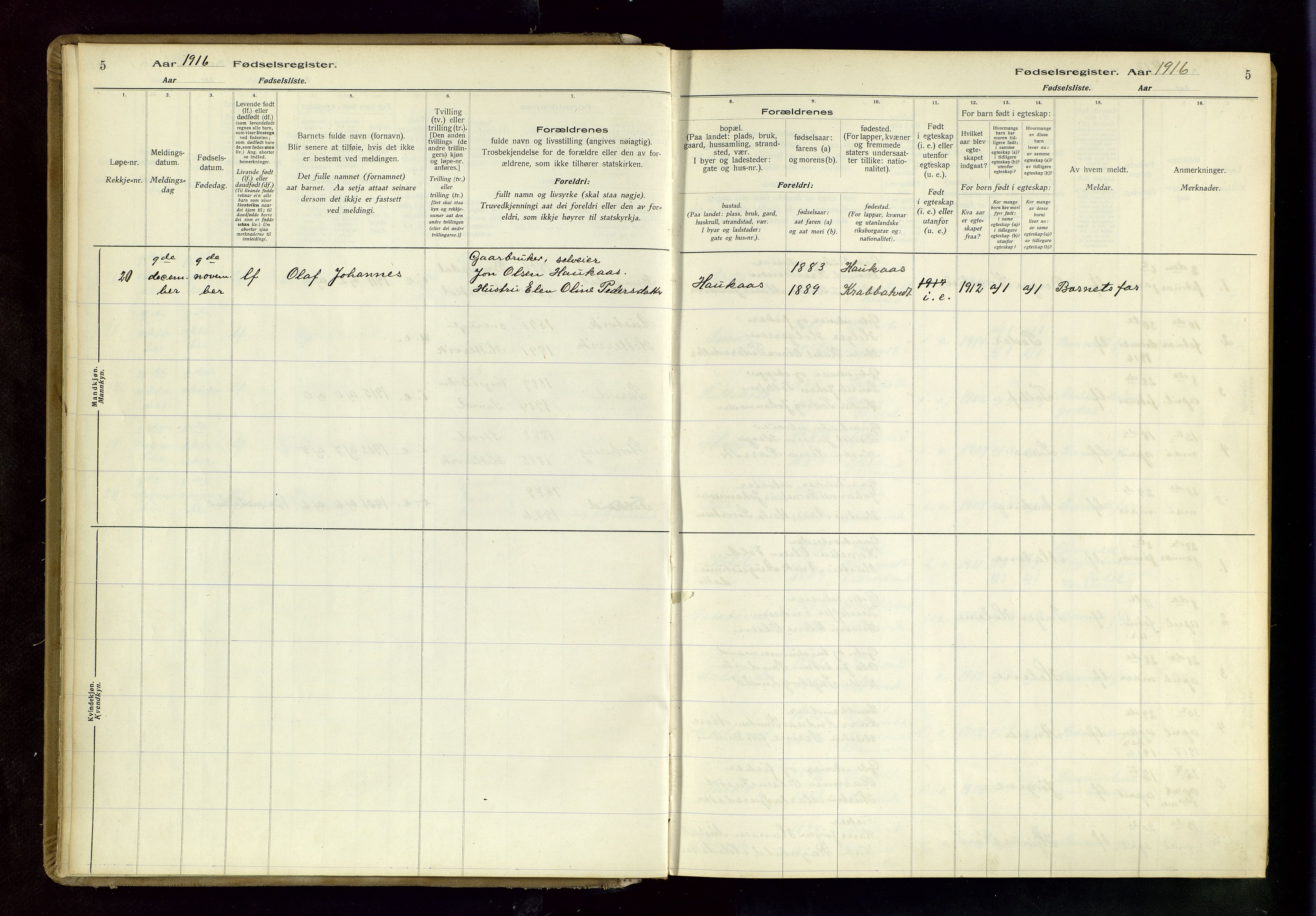 Tysvær sokneprestkontor, AV/SAST-A -101864/I/Id/L0001: Birth register no. 1, 1916-1954, p. 5