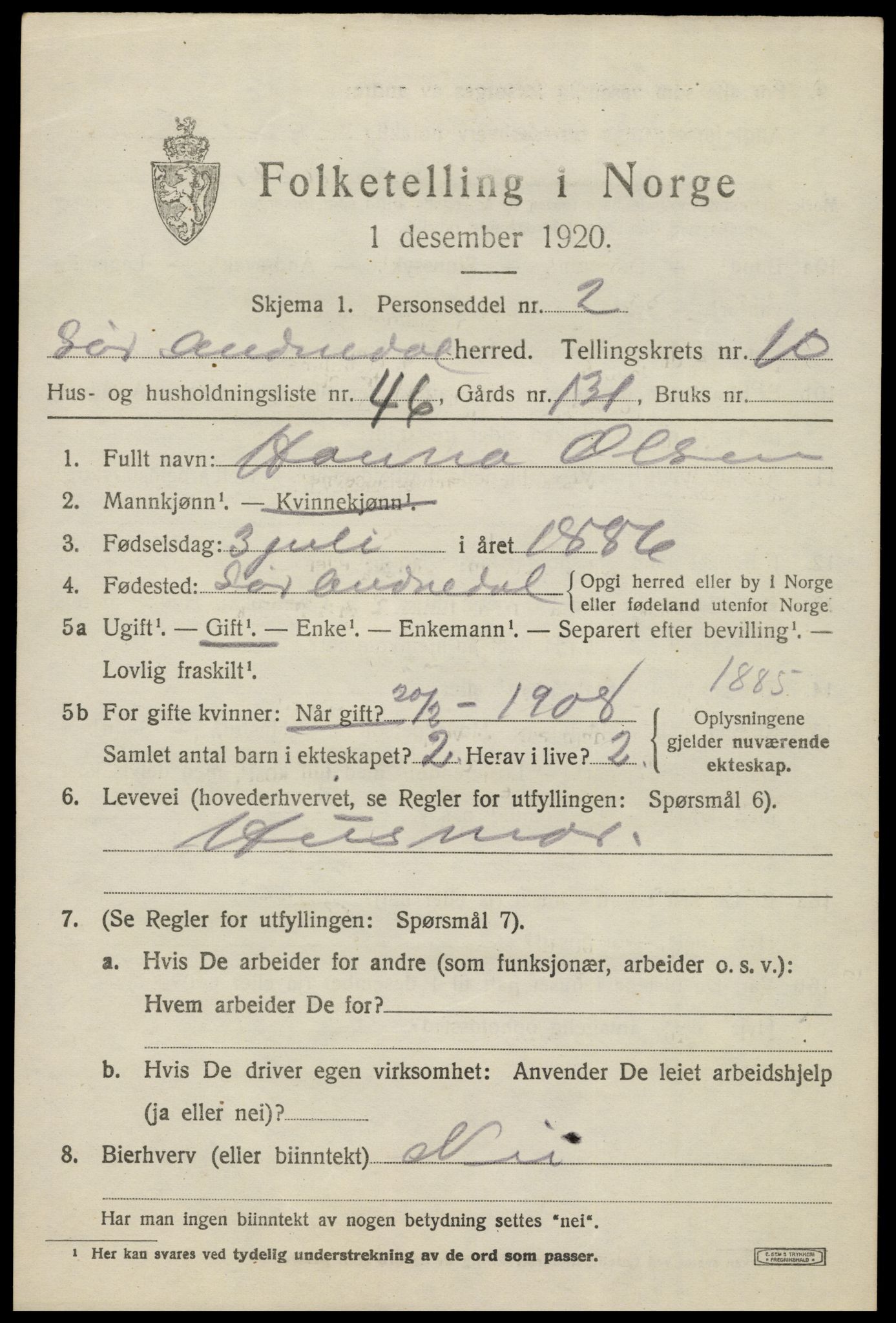 SAK, 1920 census for Sør-Audnedal, 1920, p. 4227