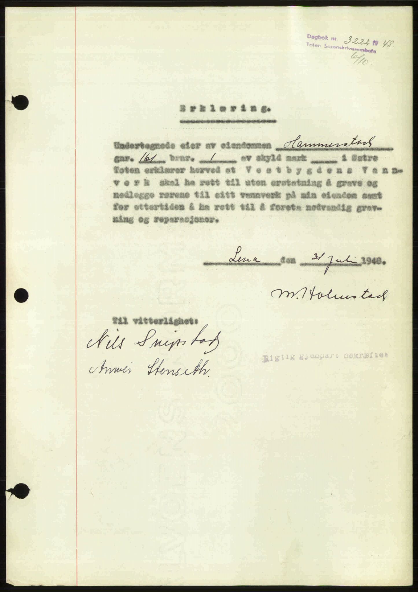 Toten tingrett, SAH/TING-006/H/Hb/Hbc/L0020: Mortgage book no. Hbc-20, 1948-1948, Diary no: : 3222/1948