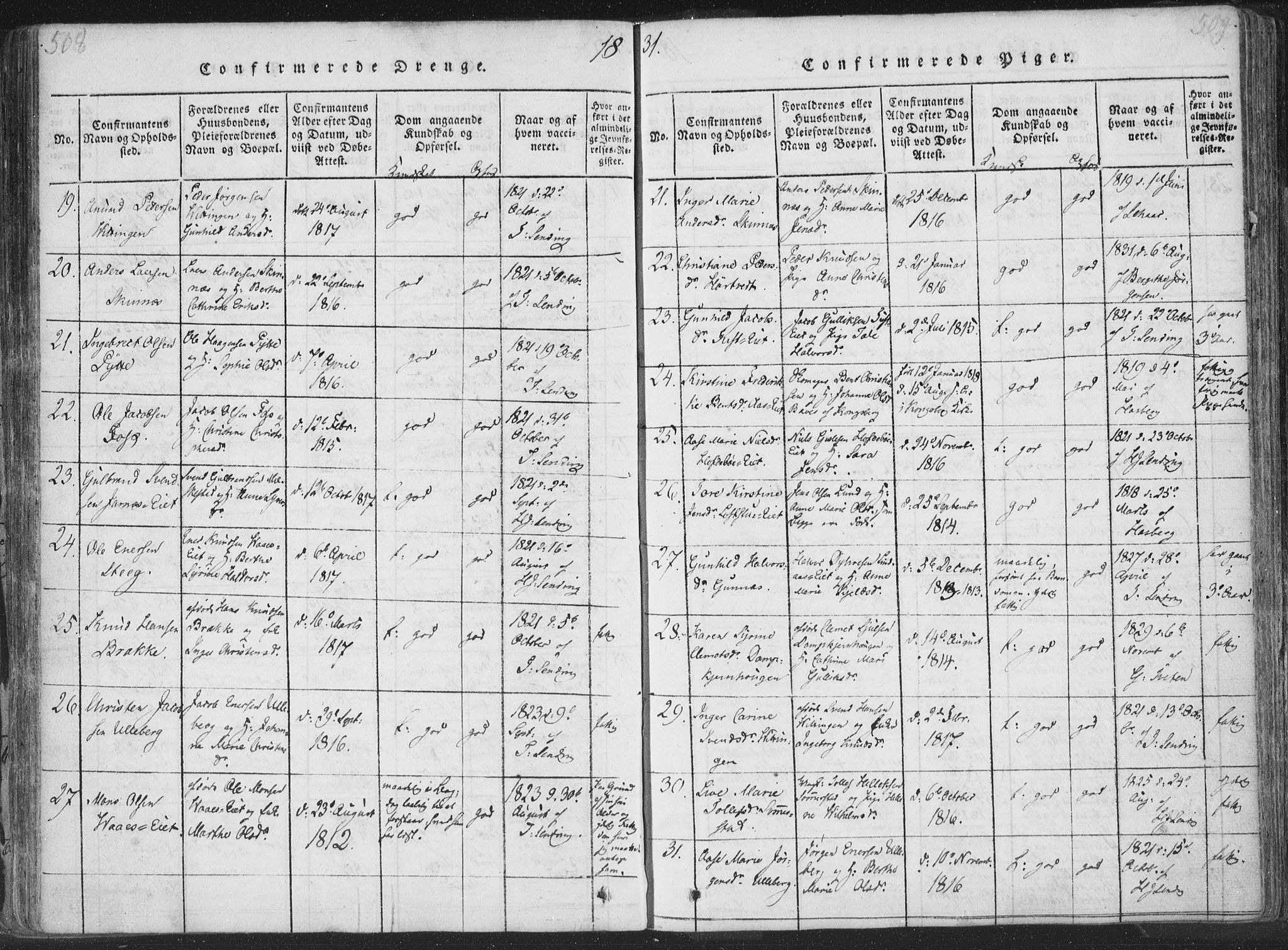 Sandsvær kirkebøker, AV/SAKO-A-244/F/Fa/L0004: Parish register (official) no. I 4, 1817-1839, p. 508-509