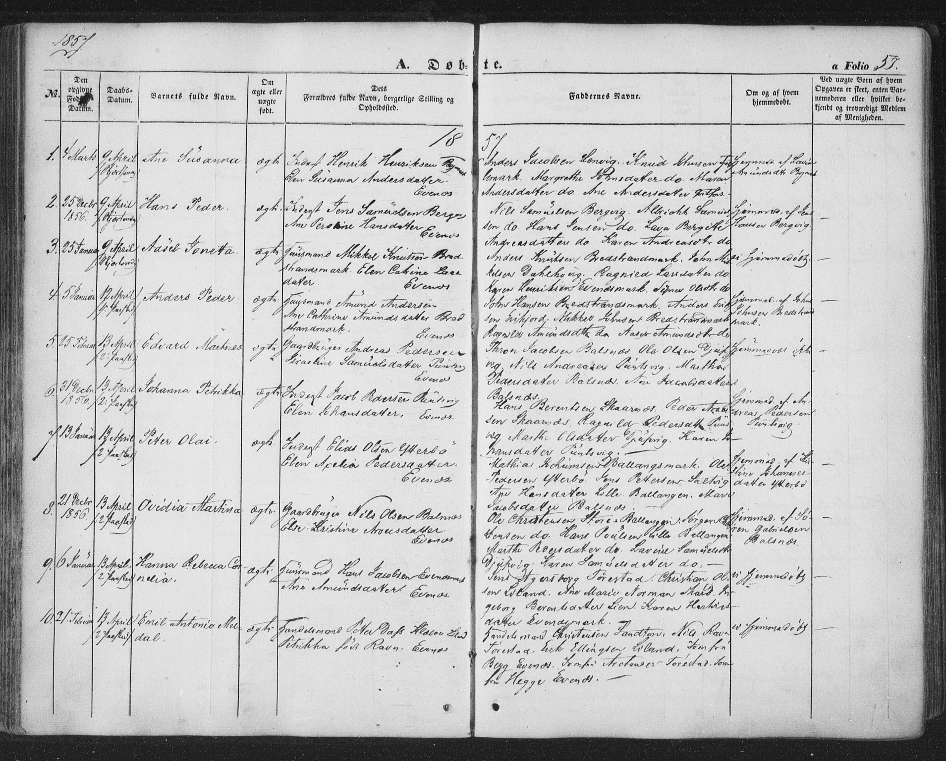 Ministerialprotokoller, klokkerbøker og fødselsregistre - Nordland, SAT/A-1459/863/L0895: Parish register (official) no. 863A07, 1851-1860, p. 57