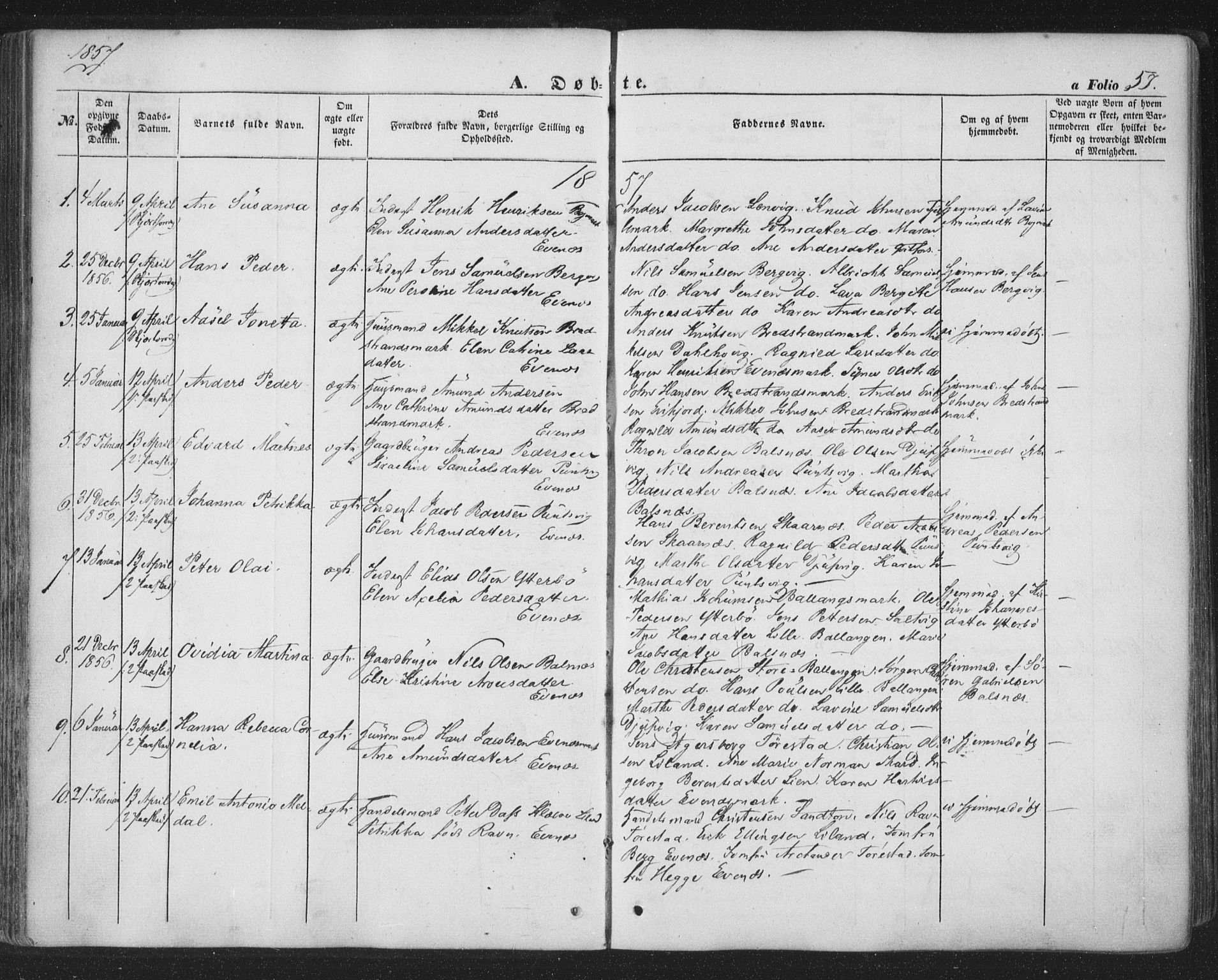 Ministerialprotokoller, klokkerbøker og fødselsregistre - Nordland, AV/SAT-A-1459/863/L0895: Parish register (official) no. 863A07, 1851-1860, p. 57