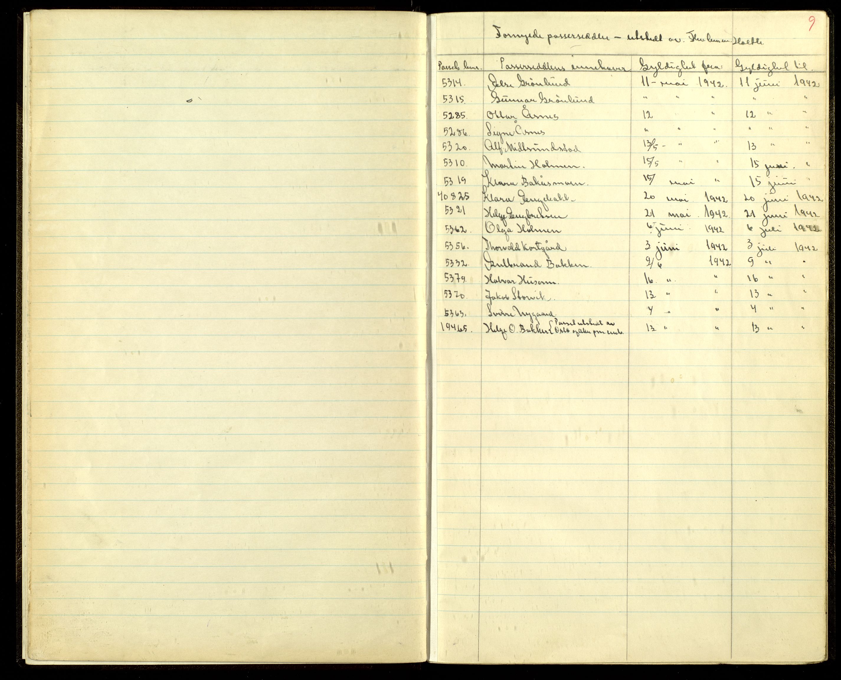 Åsnes lensmannskontor, SAH/LHÅ-025/L/Ld/Lda/L0001: Protokoll over utstedte passèrsedler til Grensesone vest og Grensesone øst og grenseboerbevis, 1941-1945, p. 9