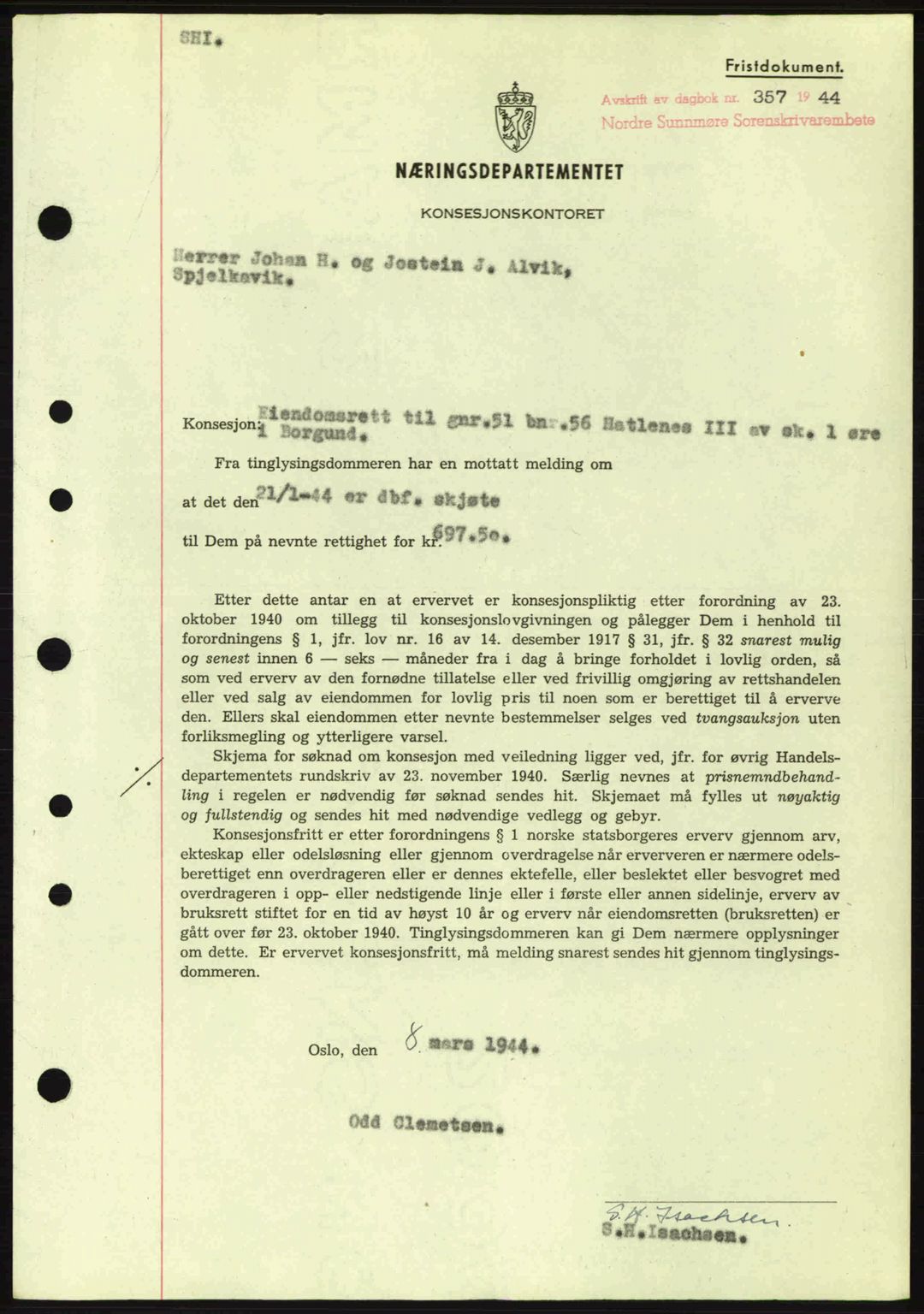 Nordre Sunnmøre sorenskriveri, SAT/A-0006/1/2/2C/2Ca: Mortgage book no. B6-14 a, 1942-1945, Diary no: : 357/1944