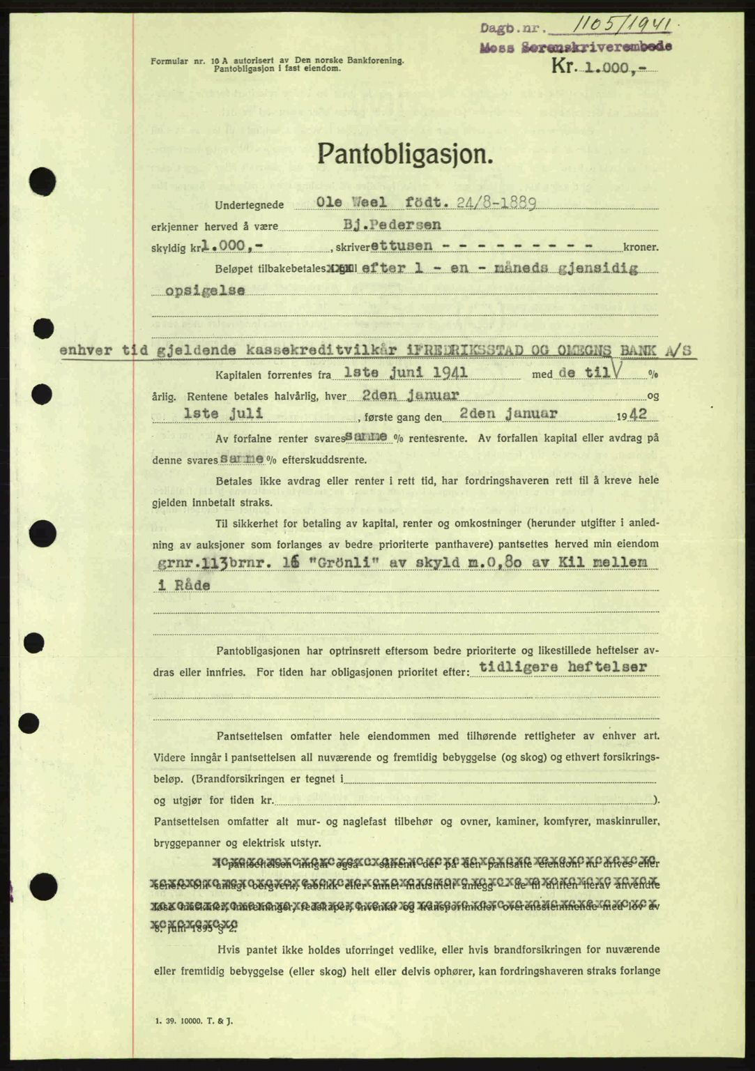 Moss sorenskriveri, SAO/A-10168: Mortgage book no. B10, 1940-1941, Diary no: : 1105/1941