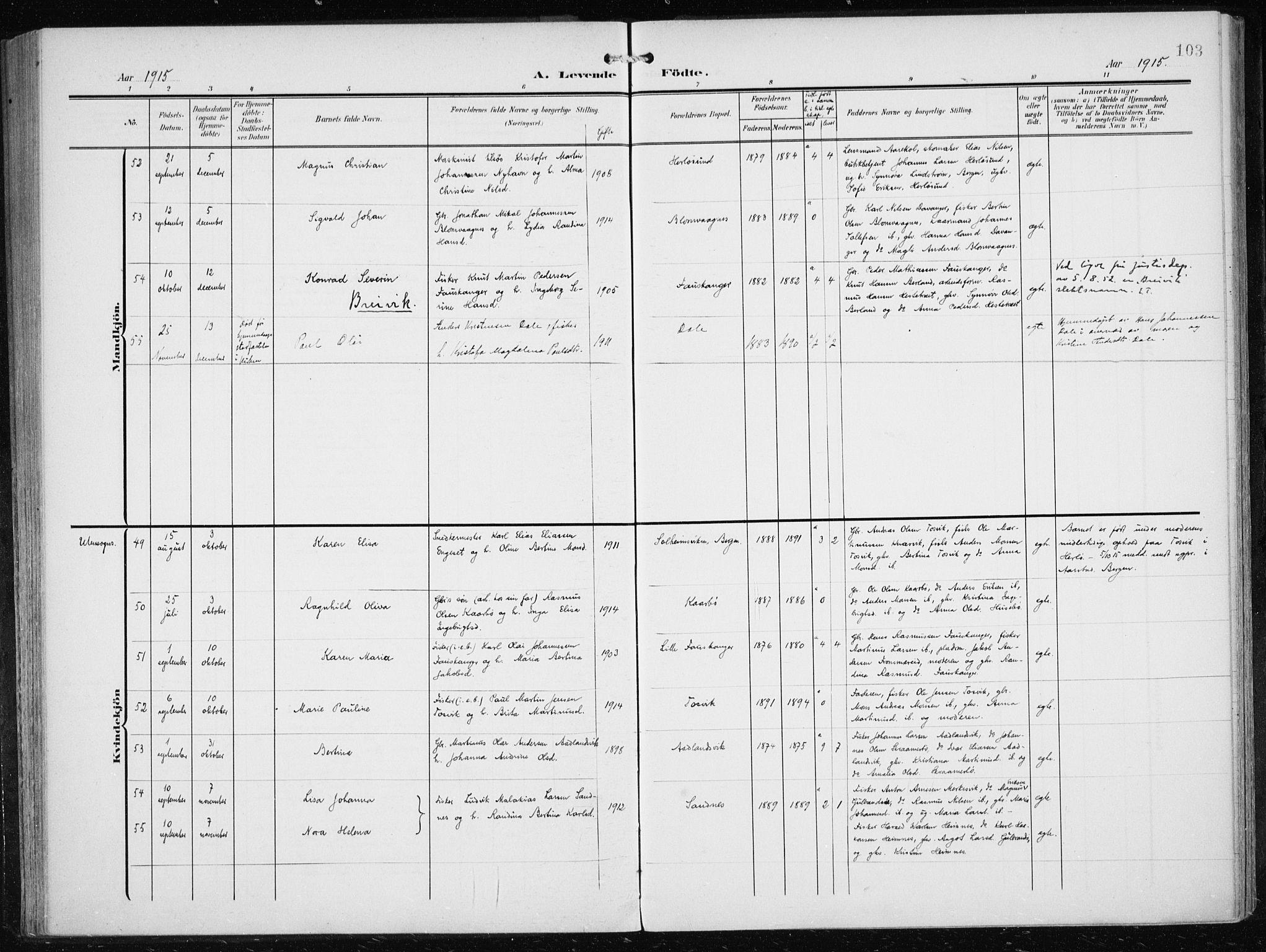 Herdla Sokneprestembete, AV/SAB-A-75701/H/Haa: Parish register (official) no. A 5, 1905-1918, p. 103