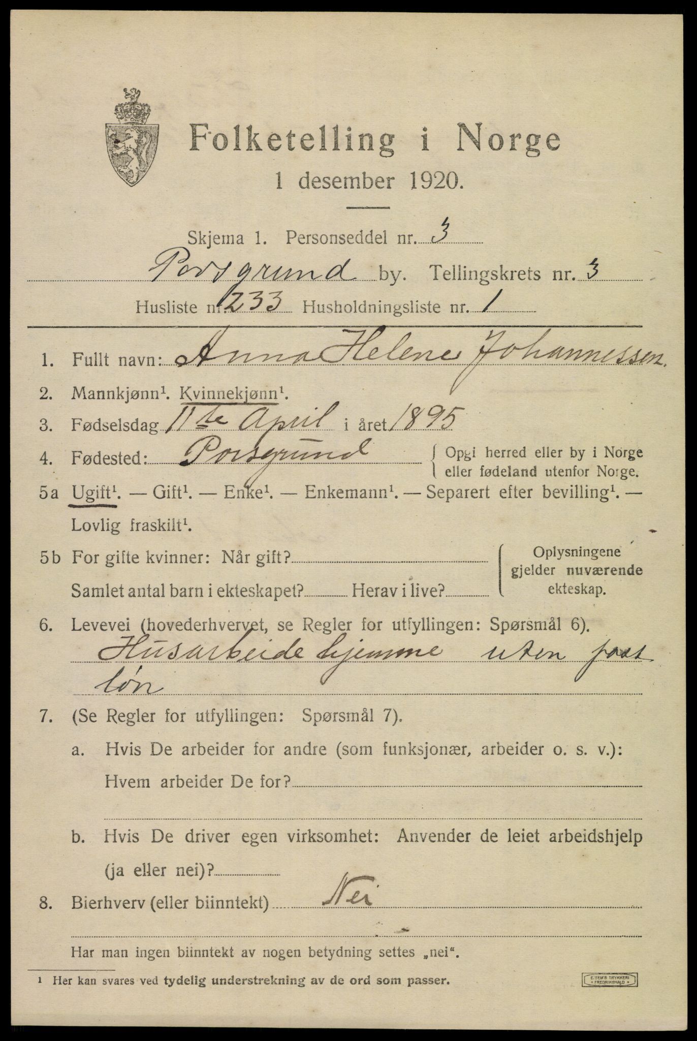 SAKO, 1920 census for Porsgrunn, 1920, p. 17379