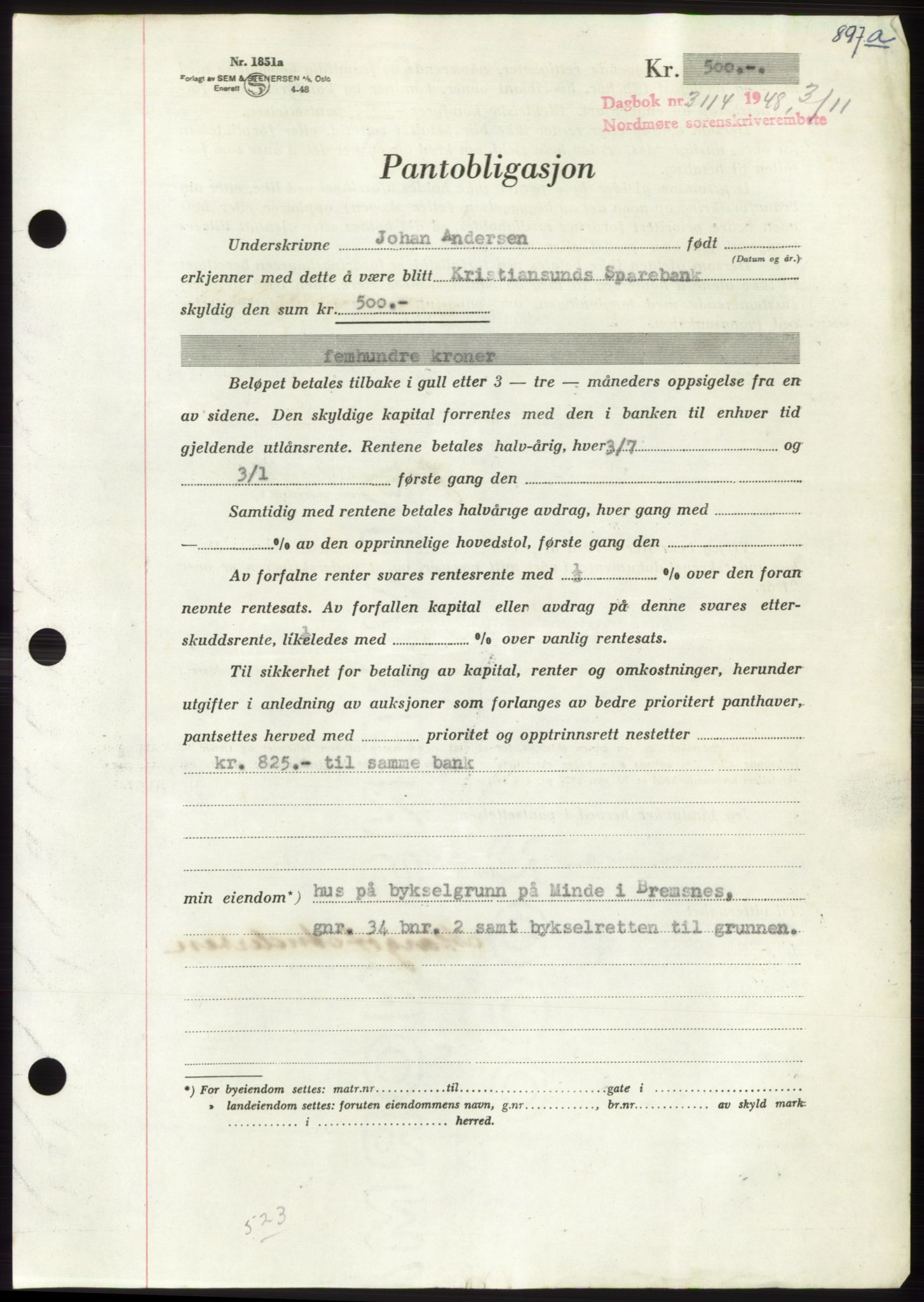 Nordmøre sorenskriveri, AV/SAT-A-4132/1/2/2Ca: Mortgage book no. B99, 1948-1948, Diary no: : 3114/1948