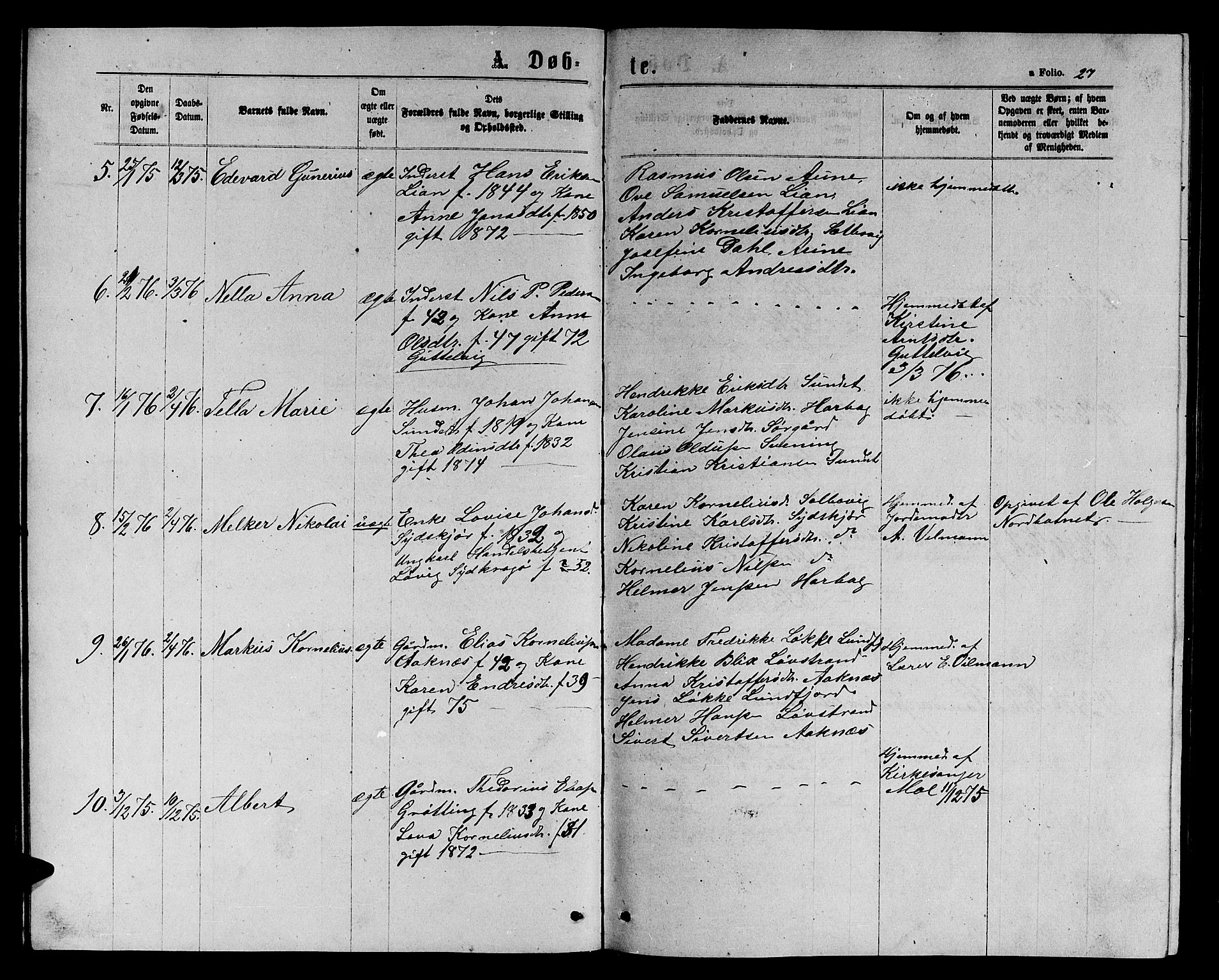 Ministerialprotokoller, klokkerbøker og fødselsregistre - Sør-Trøndelag, SAT/A-1456/656/L0695: Parish register (copy) no. 656C01, 1867-1889, p. 27