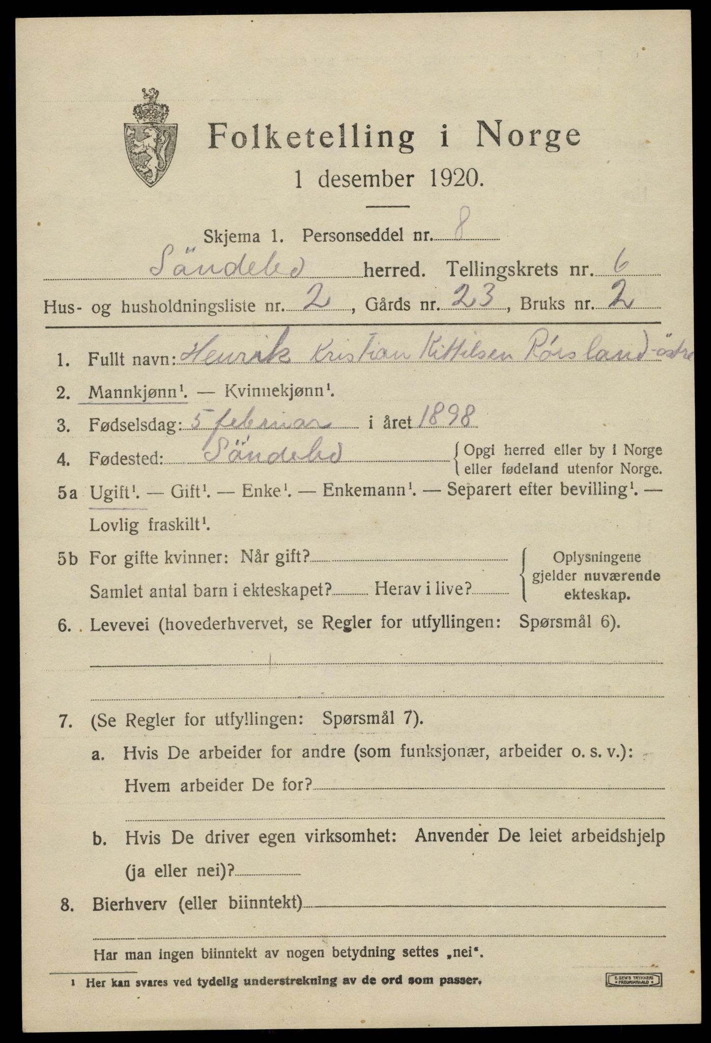 SAK, 1920 census for Søndeled, 1920, p. 3723