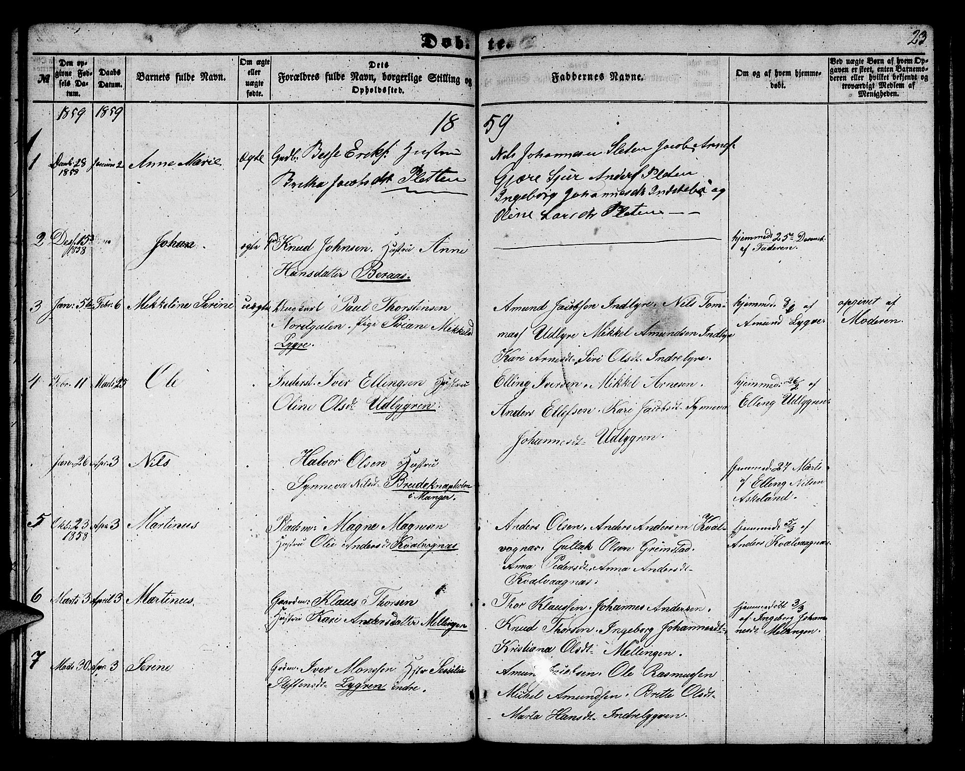 Alversund Sokneprestembete, SAB/A-73901/H/Ha/Hab: Parish register (copy) no. B 1, 1852-1865, p. 23