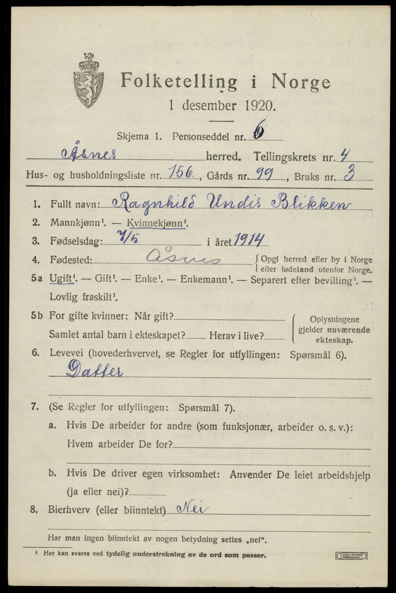SAH, 1920 census for Åsnes, 1920, p. 6654