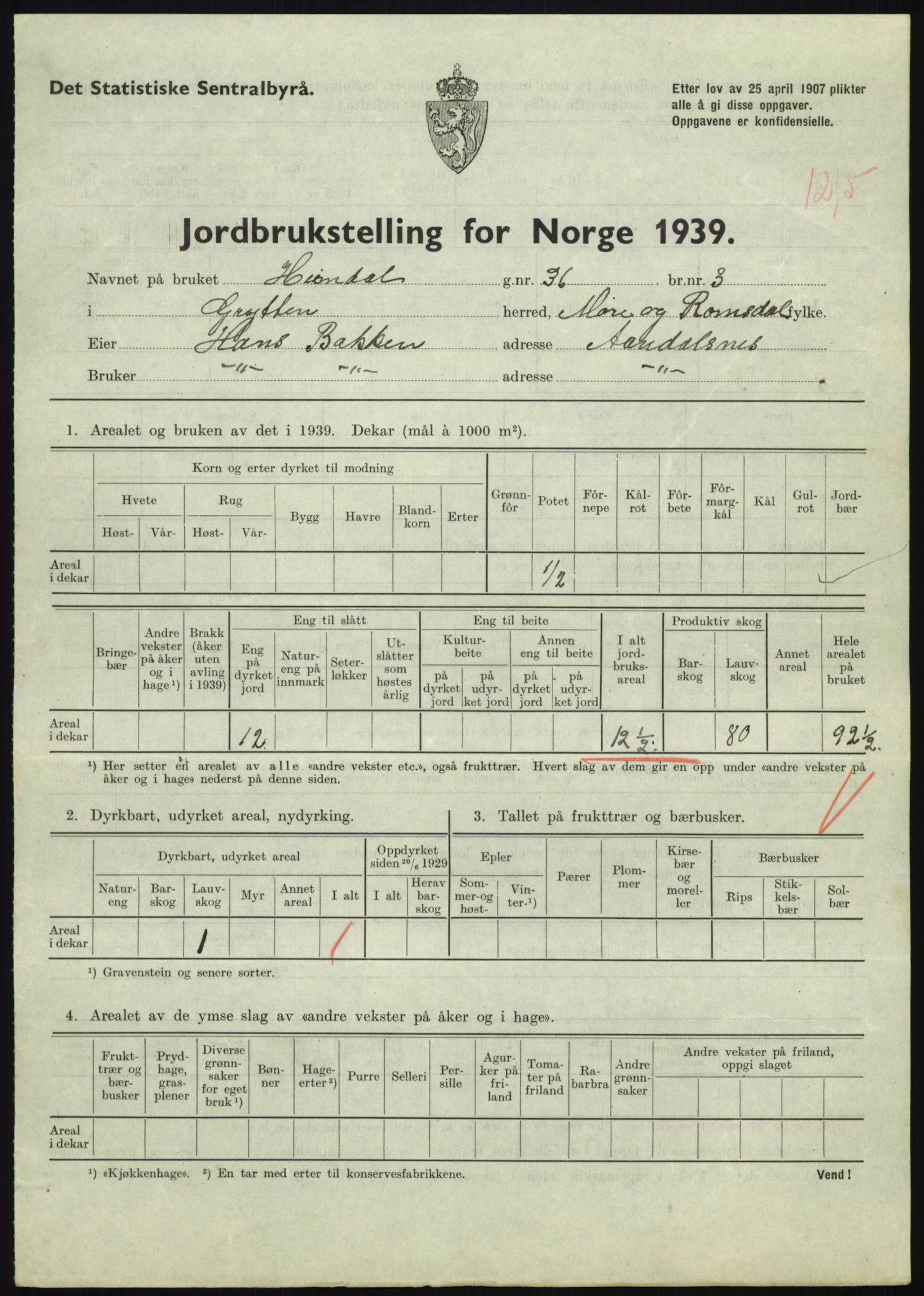 Statistisk sentralbyrå, Næringsøkonomiske emner, Jordbruk, skogbruk, jakt, fiske og fangst, AV/RA-S-2234/G/Gb/L0251: Møre og Romsdal: Voll, Eid, Grytten og Hen, 1939, p. 593