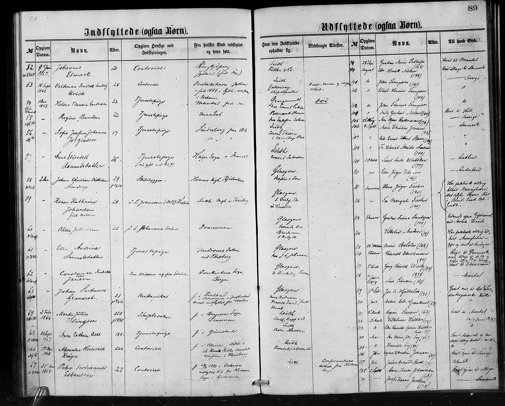 Den norske sjømannsmisjon i utlandet/Skotske havner (Leith, Glasgow), SAB/SAB/PA-0100/H/Ha/Haa/L0001: Parish register (official) no. A 1, 1865-1880, p. 89