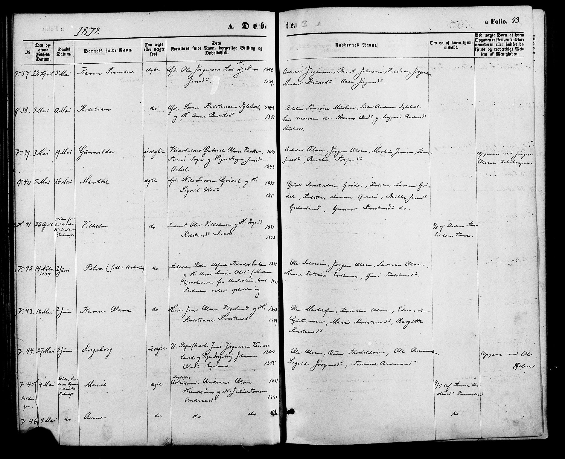 Vennesla sokneprestkontor, AV/SAK-1111-0045/Fa/Fac/L0008: Parish register (official) no. A 8, 1874-1883, p. 43