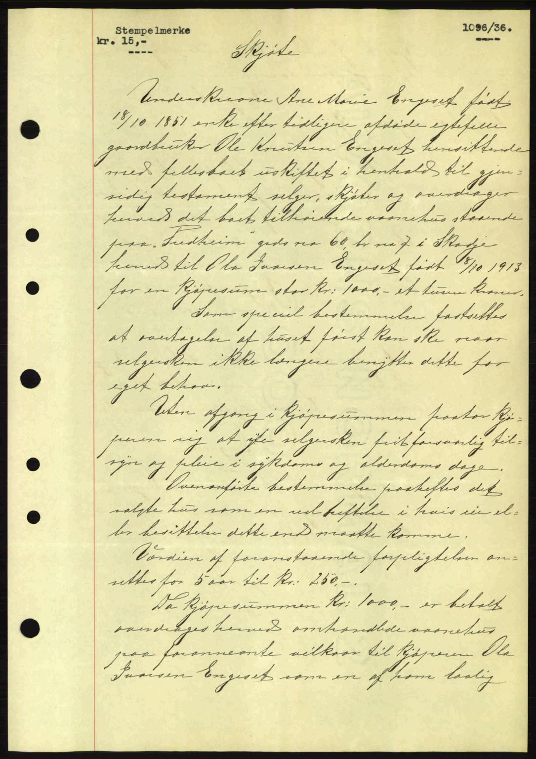 Nordre Sunnmøre sorenskriveri, AV/SAT-A-0006/1/2/2C/2Ca: Mortgage book no. A1, 1936-1936, Diary no: : 1096/1936