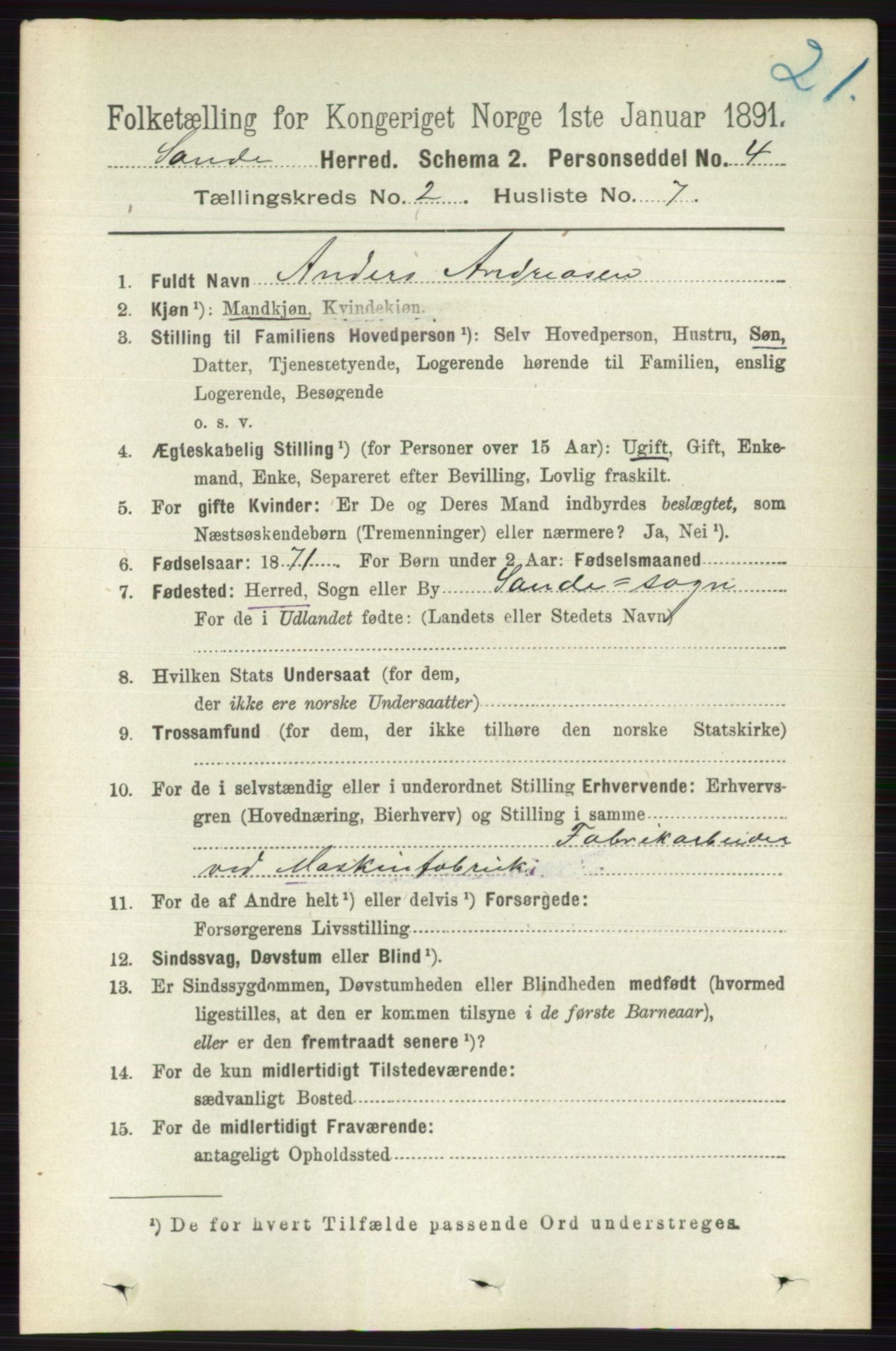 RA, 1891 census for 0713 Sande, 1891, p. 555