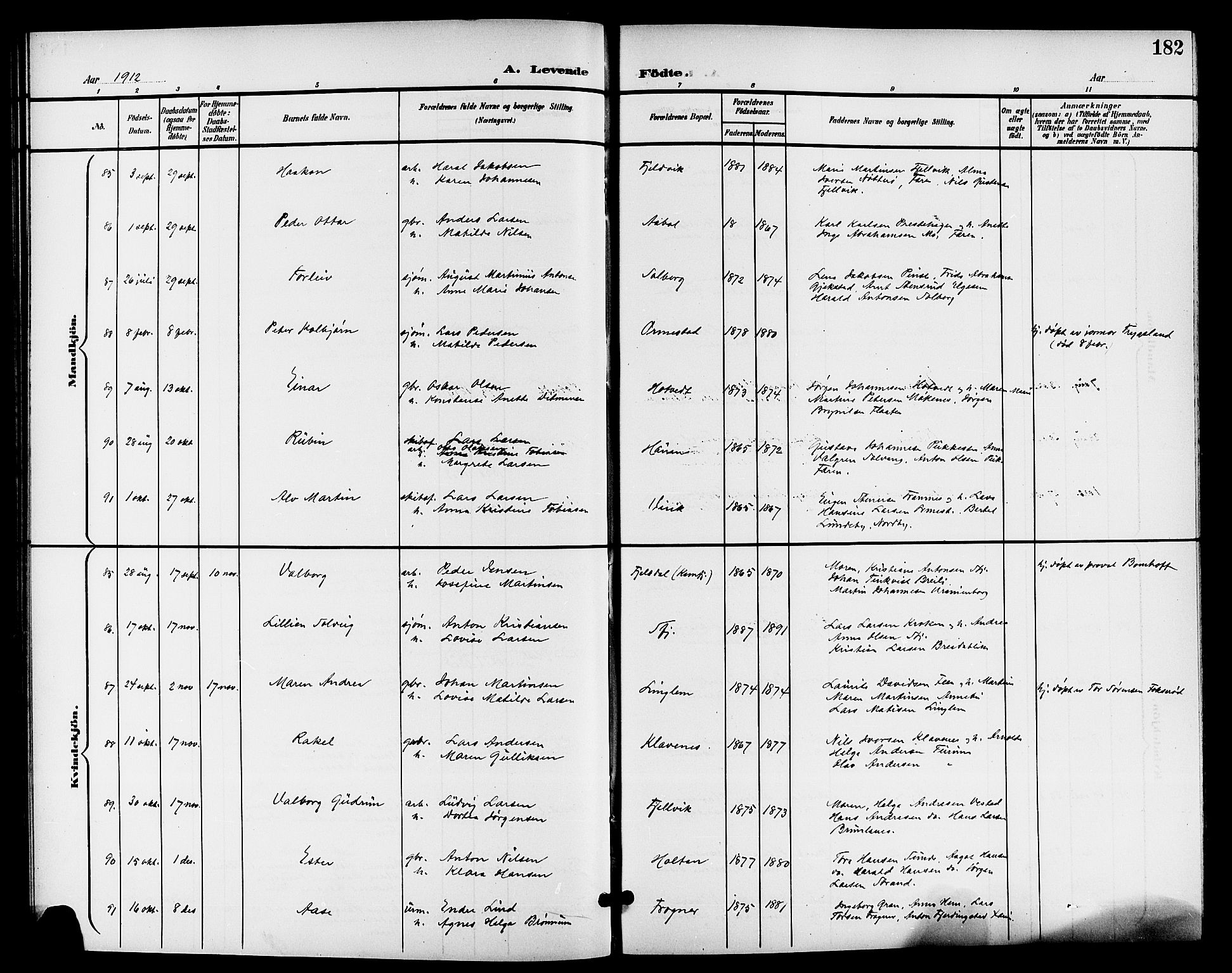 Sandar kirkebøker, AV/SAKO-A-243/G/Ga/L0002: Parish register (copy) no. 2, 1900-1915, p. 182