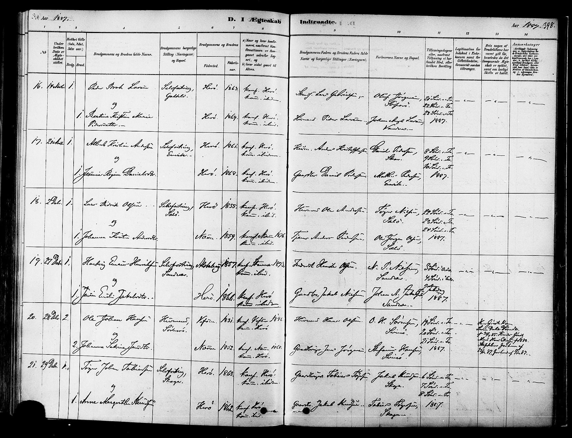 Ministerialprotokoller, klokkerbøker og fødselsregistre - Nordland, AV/SAT-A-1459/834/L0507: Parish register (official) no. 834A05, 1878-1892, p. 398