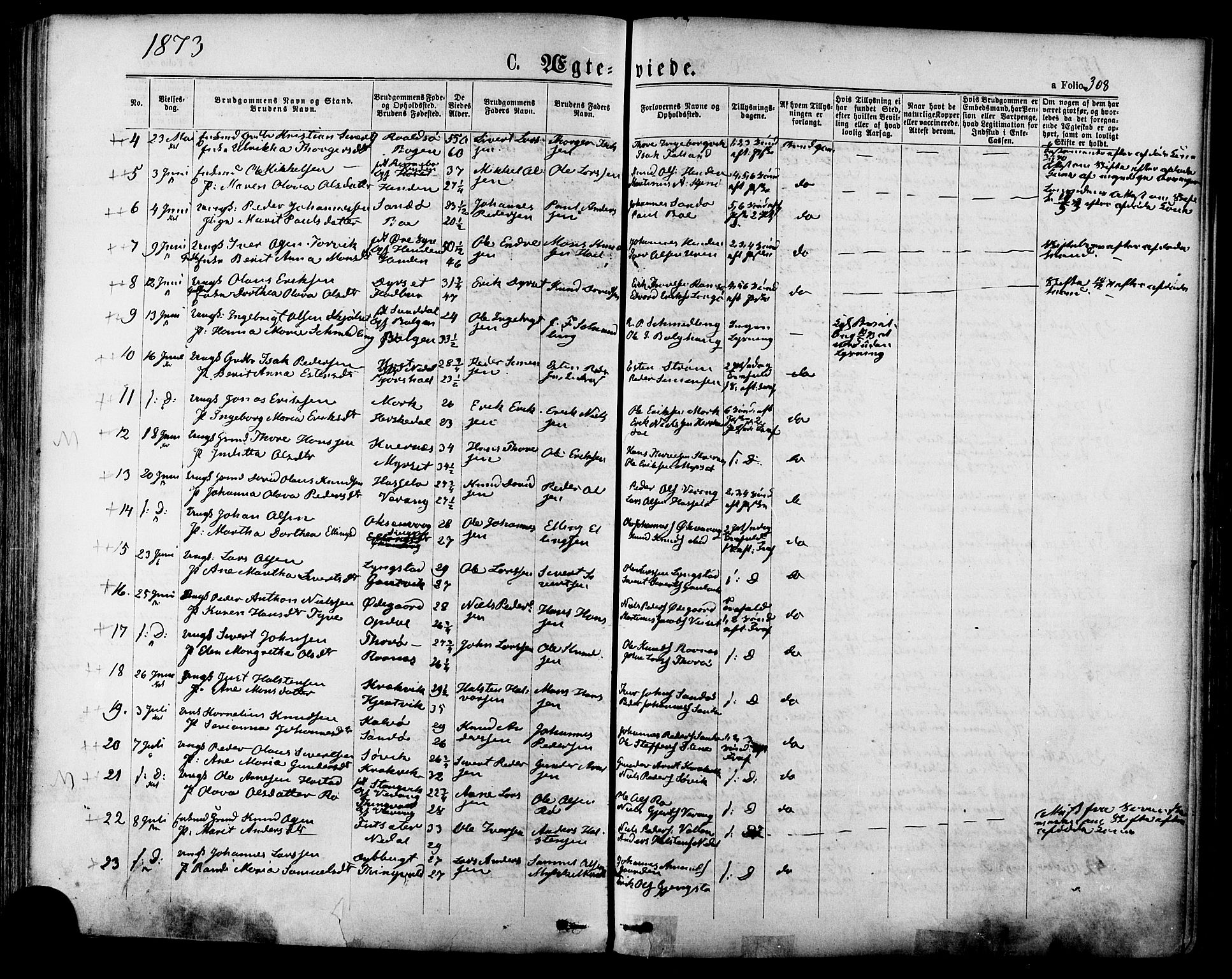 Ministerialprotokoller, klokkerbøker og fødselsregistre - Møre og Romsdal, SAT/A-1454/568/L0805: Parish register (official) no. 568A12 /1, 1869-1884, p. 308