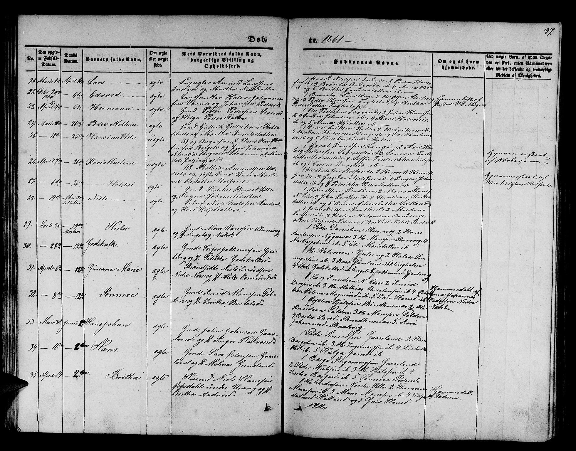 Finnås sokneprestembete, SAB/A-99925/H/Ha/Hab/Habb/L0001: Parish register (copy) no. B 1, 1851-1870, p. 37