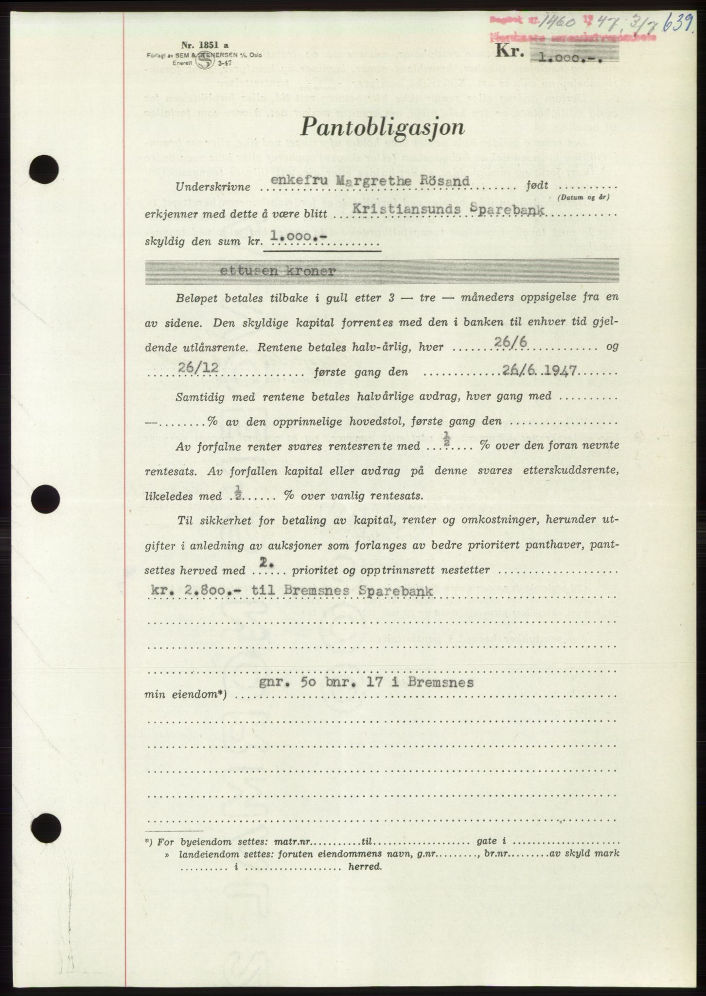 Nordmøre sorenskriveri, AV/SAT-A-4132/1/2/2Ca: Mortgage book no. B96, 1947-1947, Diary no: : 1460/1947