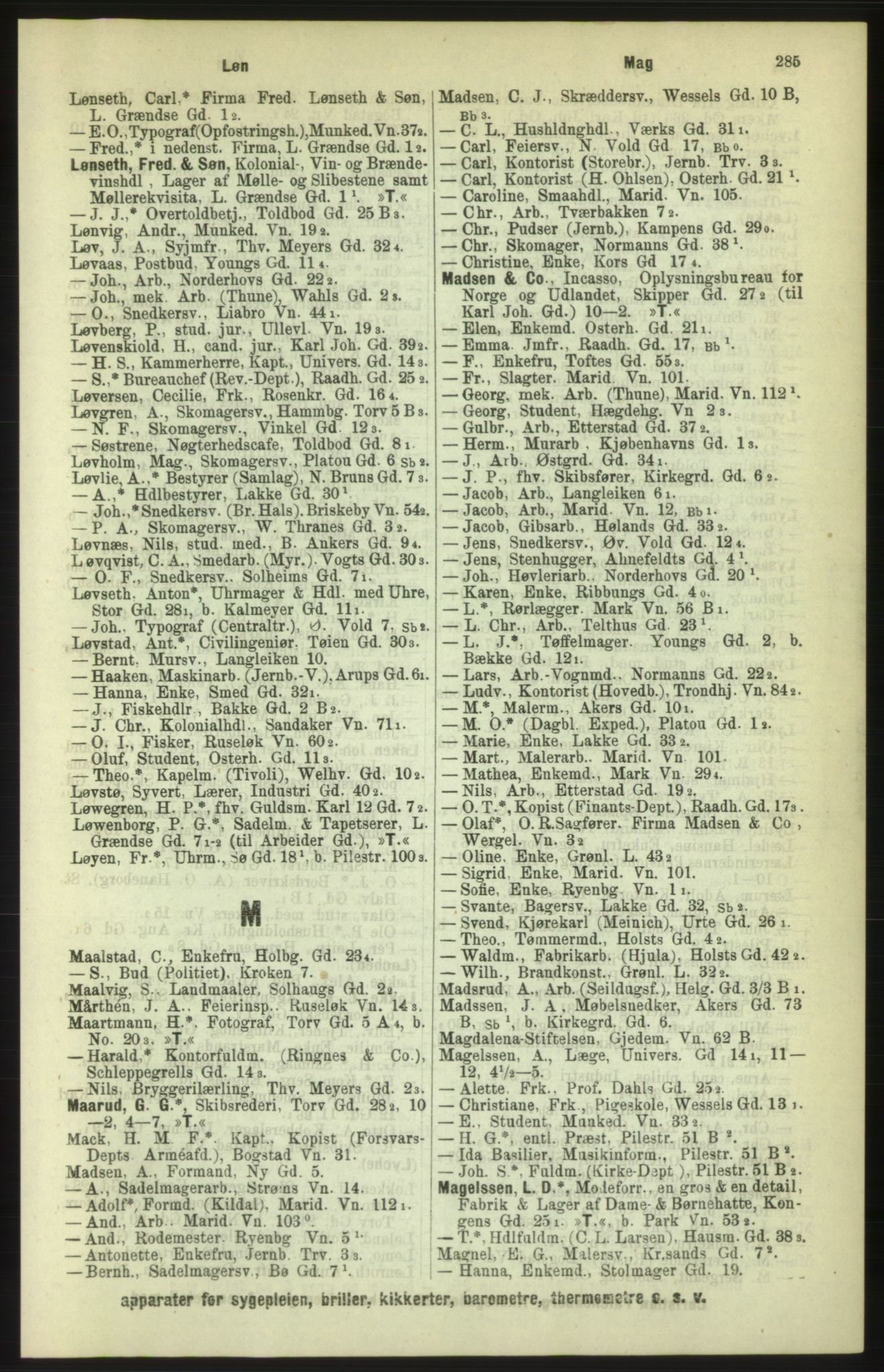 Kristiania/Oslo adressebok, PUBL/-, 1886, p. 285