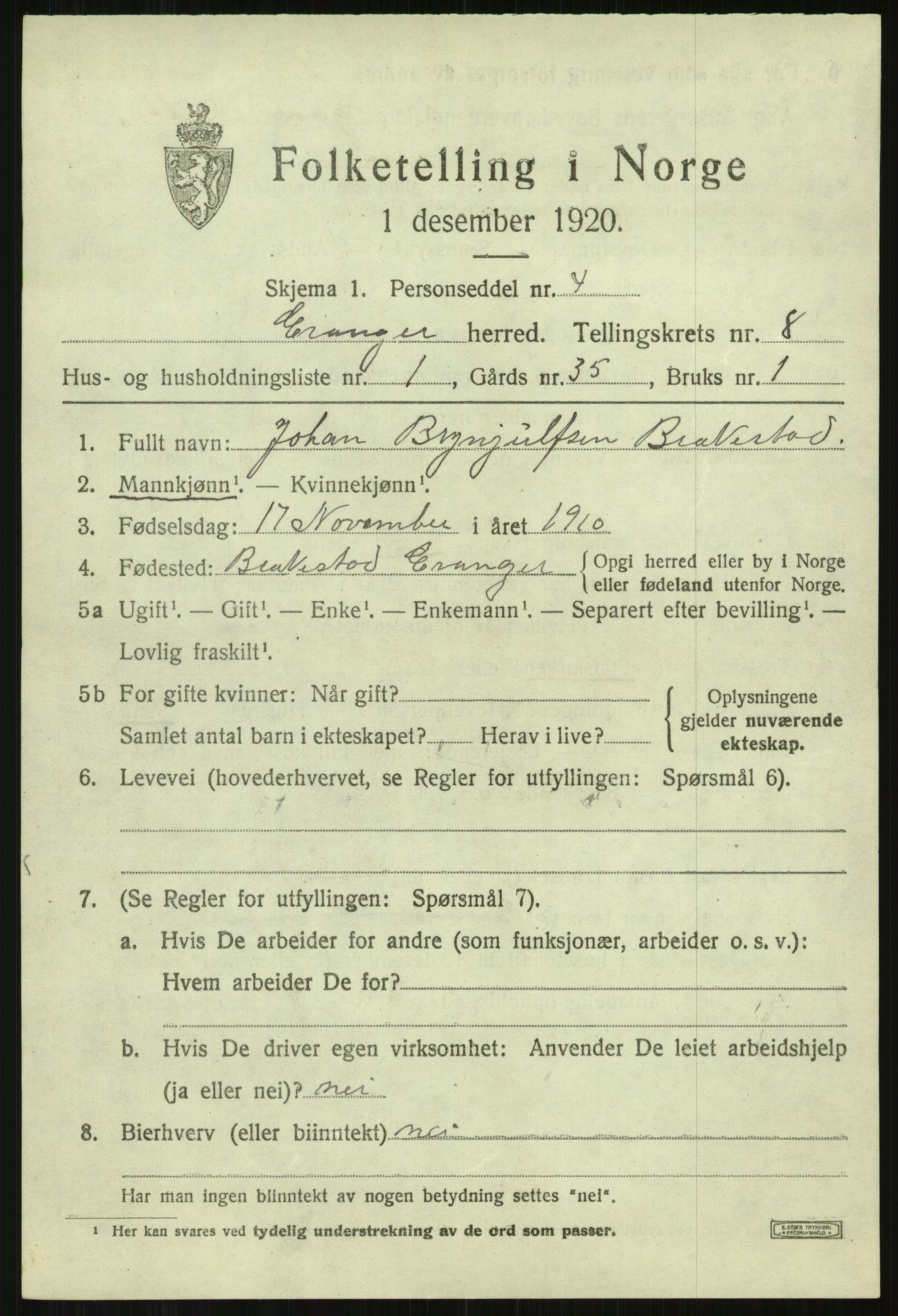 SAB, 1920 census for Evanger, 1920, p. 2485