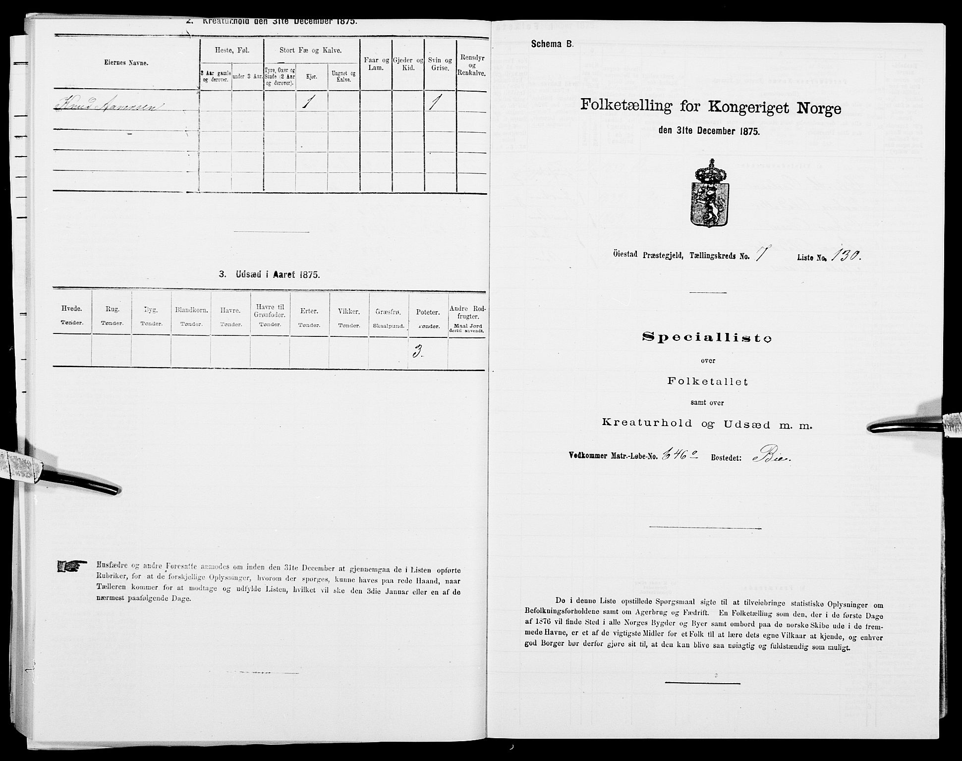 SAK, 1875 census for 0920P Øyestad, 1875, p. 1107