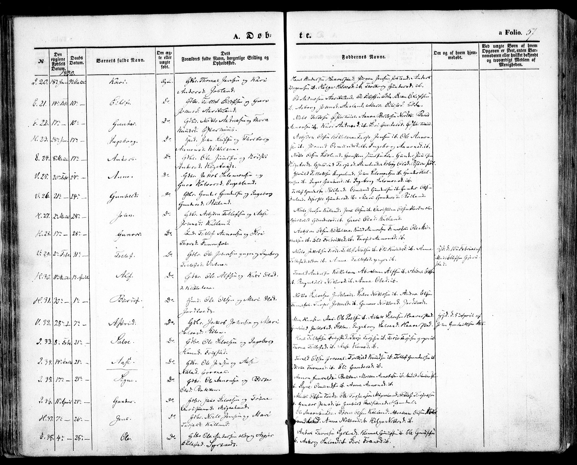 Evje sokneprestkontor, AV/SAK-1111-0008/F/Fa/Faa/L0005: Parish register (official) no. A 5, 1843-1865, p. 57