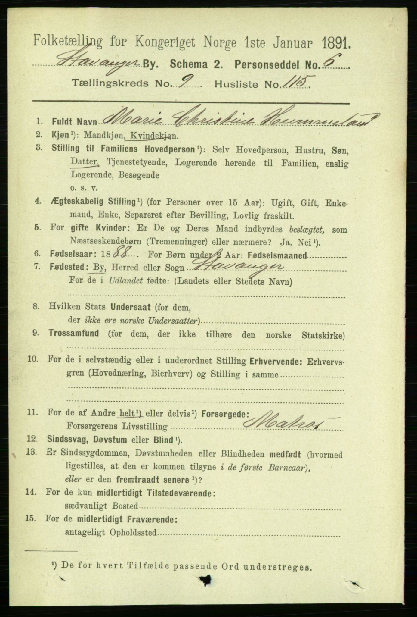 RA, 1891 census for 1103 Stavanger, 1891, p. 13705