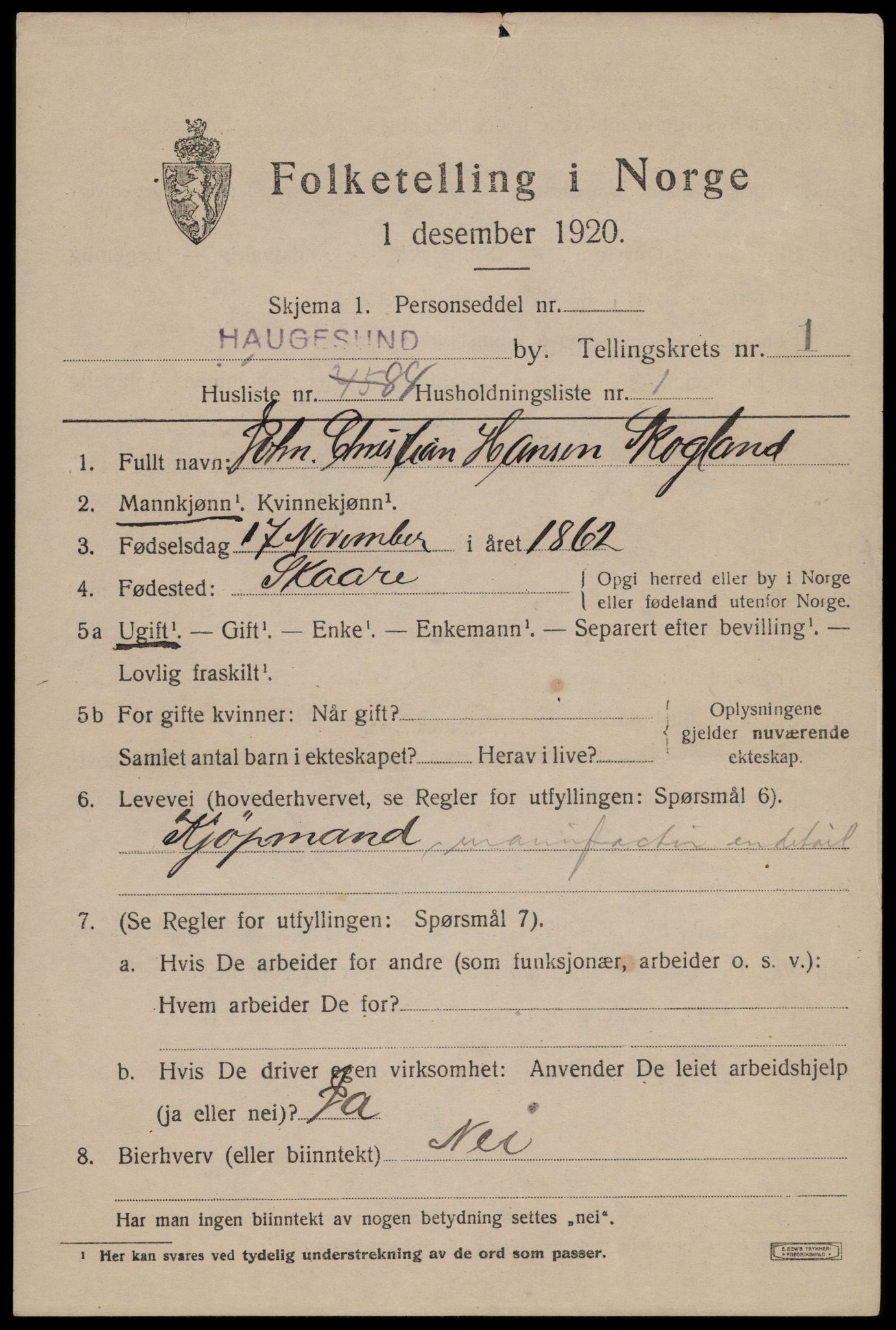 SAST, 1920 census for Haugesund, 1920, p. 12787