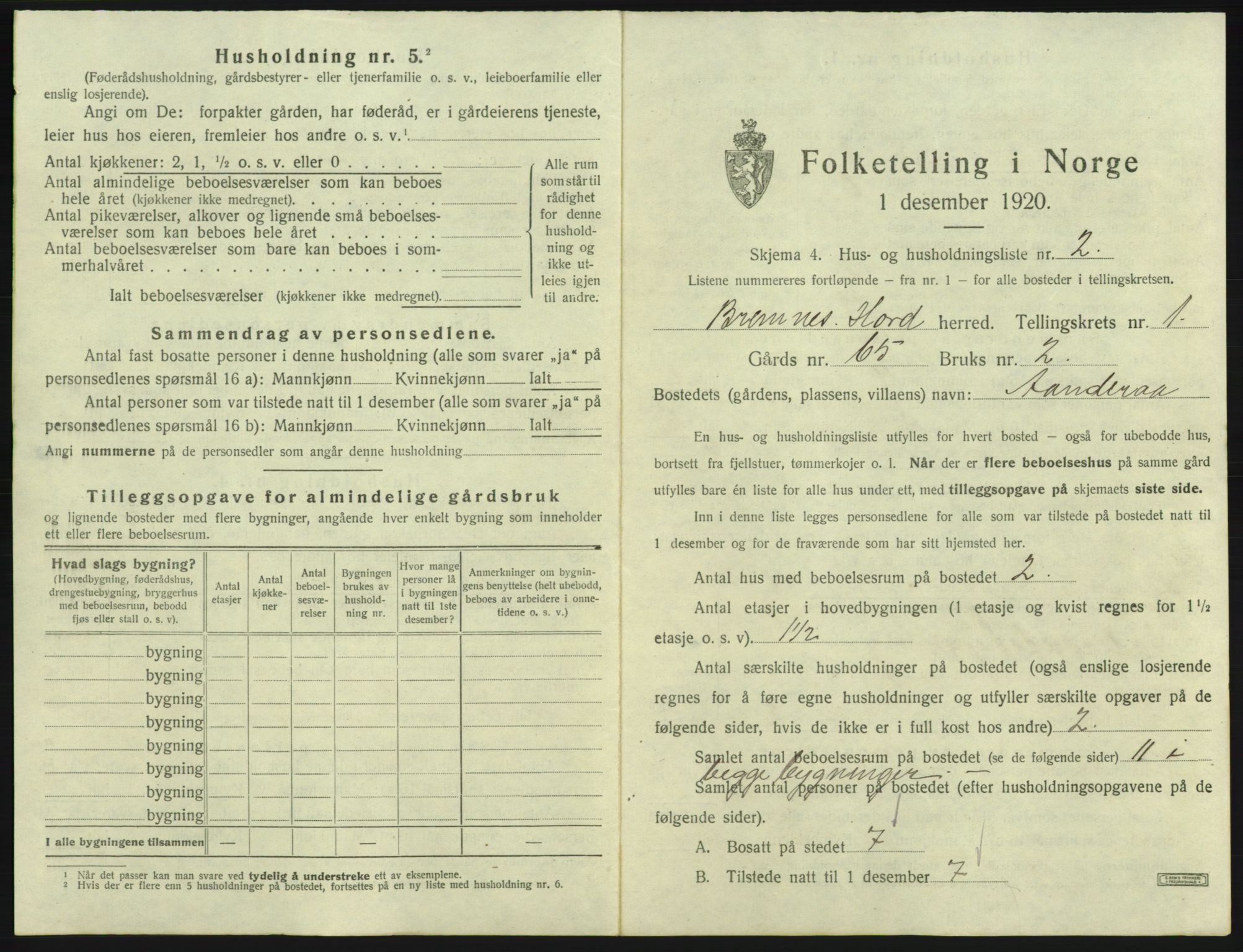 SAB, 1920 census for Bremnes, 1920, p. 45