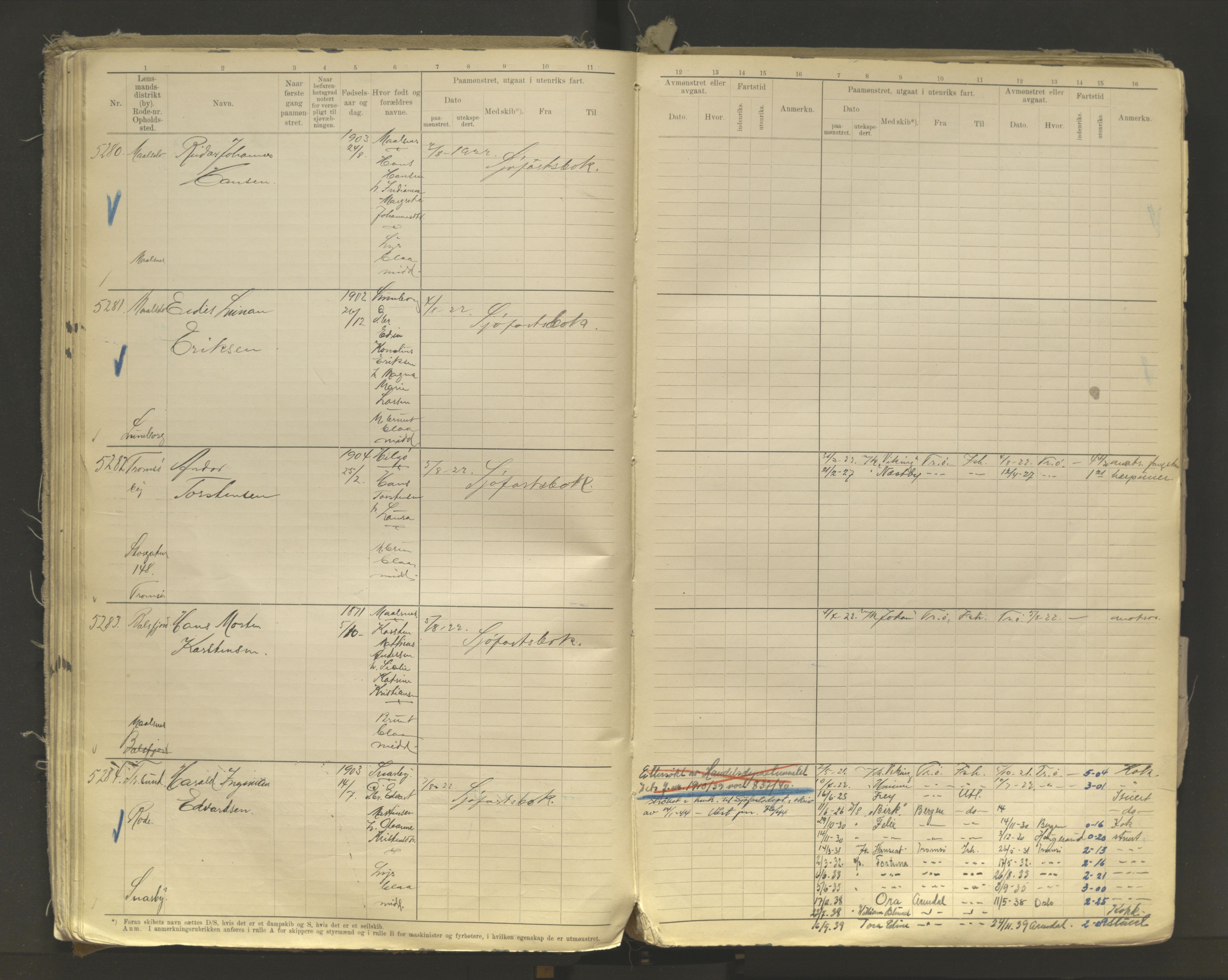 Tromsø sjømannskontor/innrullerings-/mønstringsdistrikt, AV/SATØ-S-0243/F/Fb/L0011: Annotasjonsrulle. Defekt: løs innbinding. Nr. 4973-7517, 1920-1928