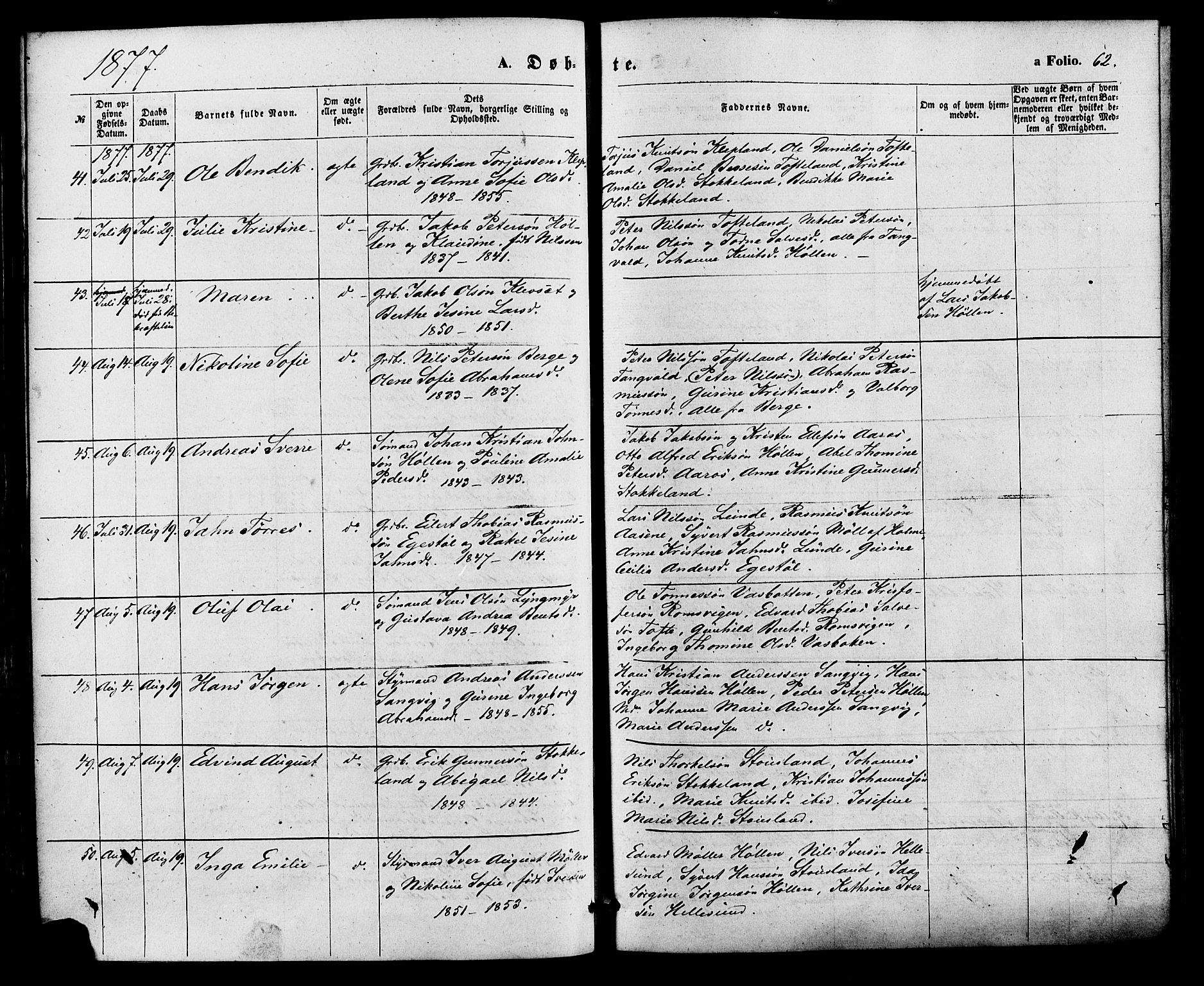 Søgne sokneprestkontor, SAK/1111-0037/F/Fa/Fab/L0011: Parish register (official) no. A 11, 1869-1879, p. 62